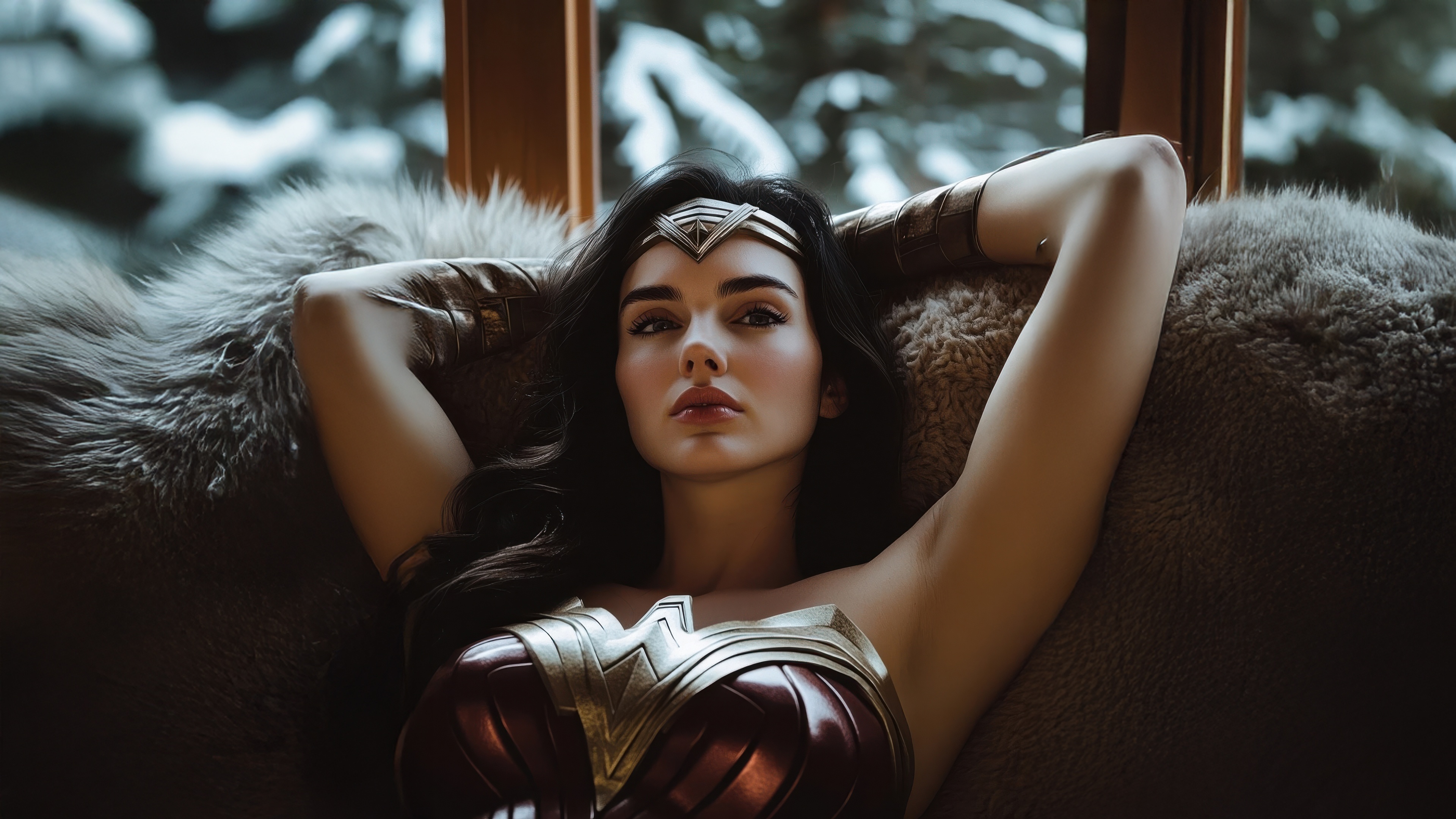 Wonder Woman relaxing on a furry surface HD Wallpaper