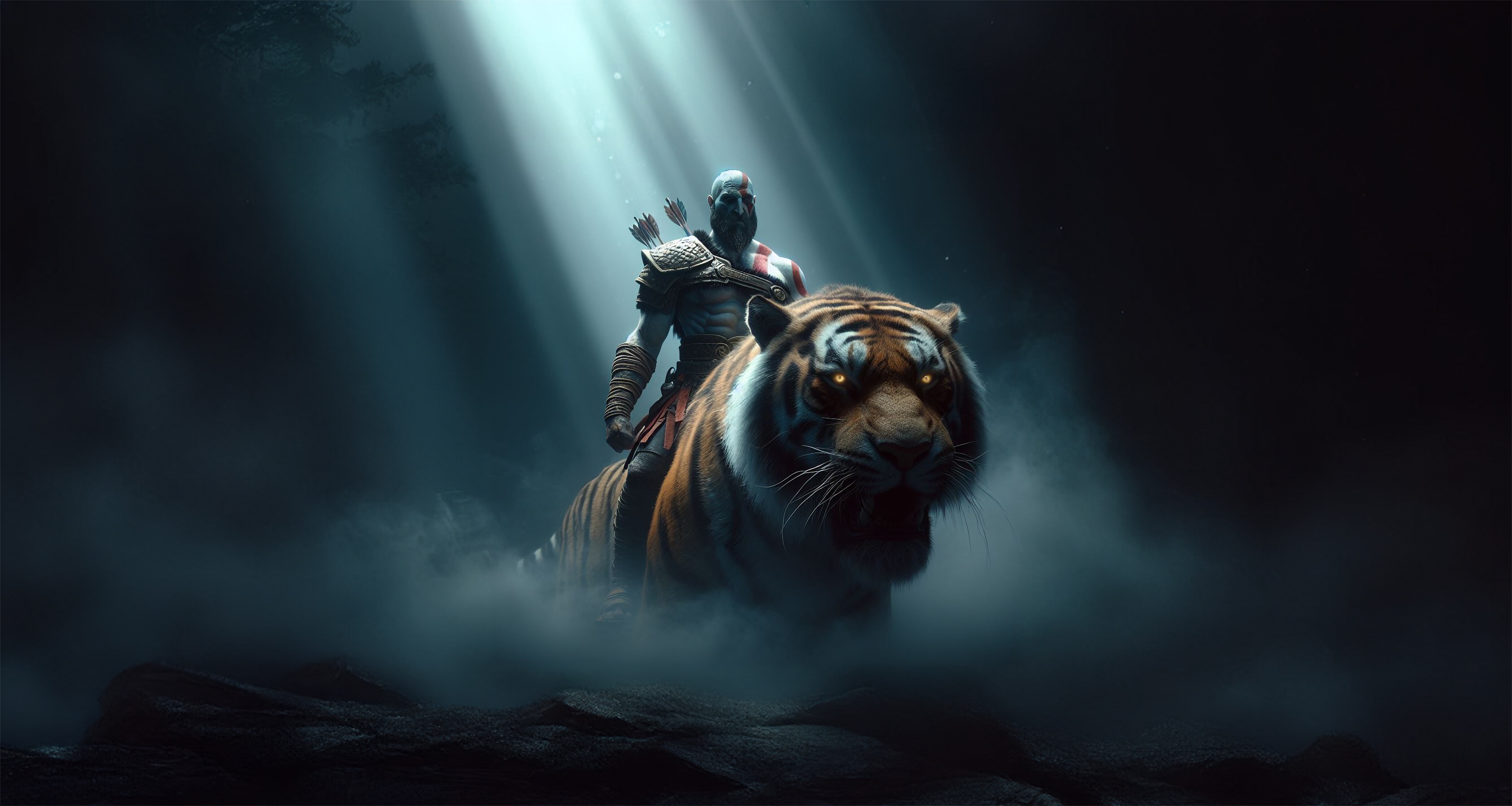 Kratos riding a tiger in a dark forest HD Wallpaper