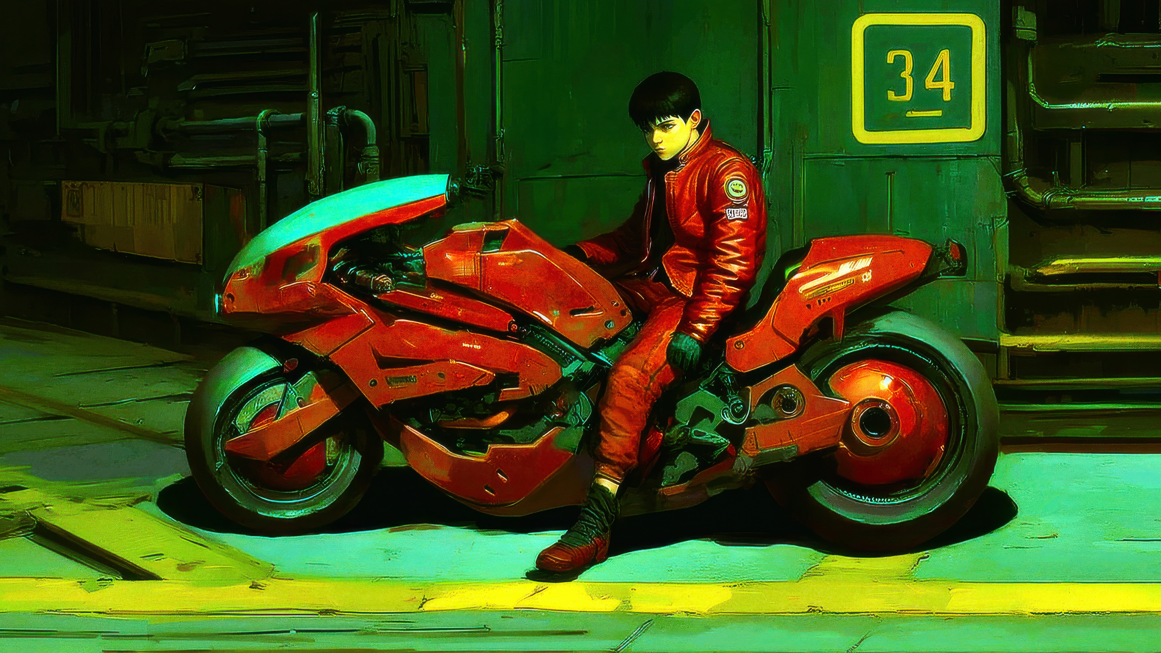 Shotaro Kaneda on a red motorcycle HD Wallpaper