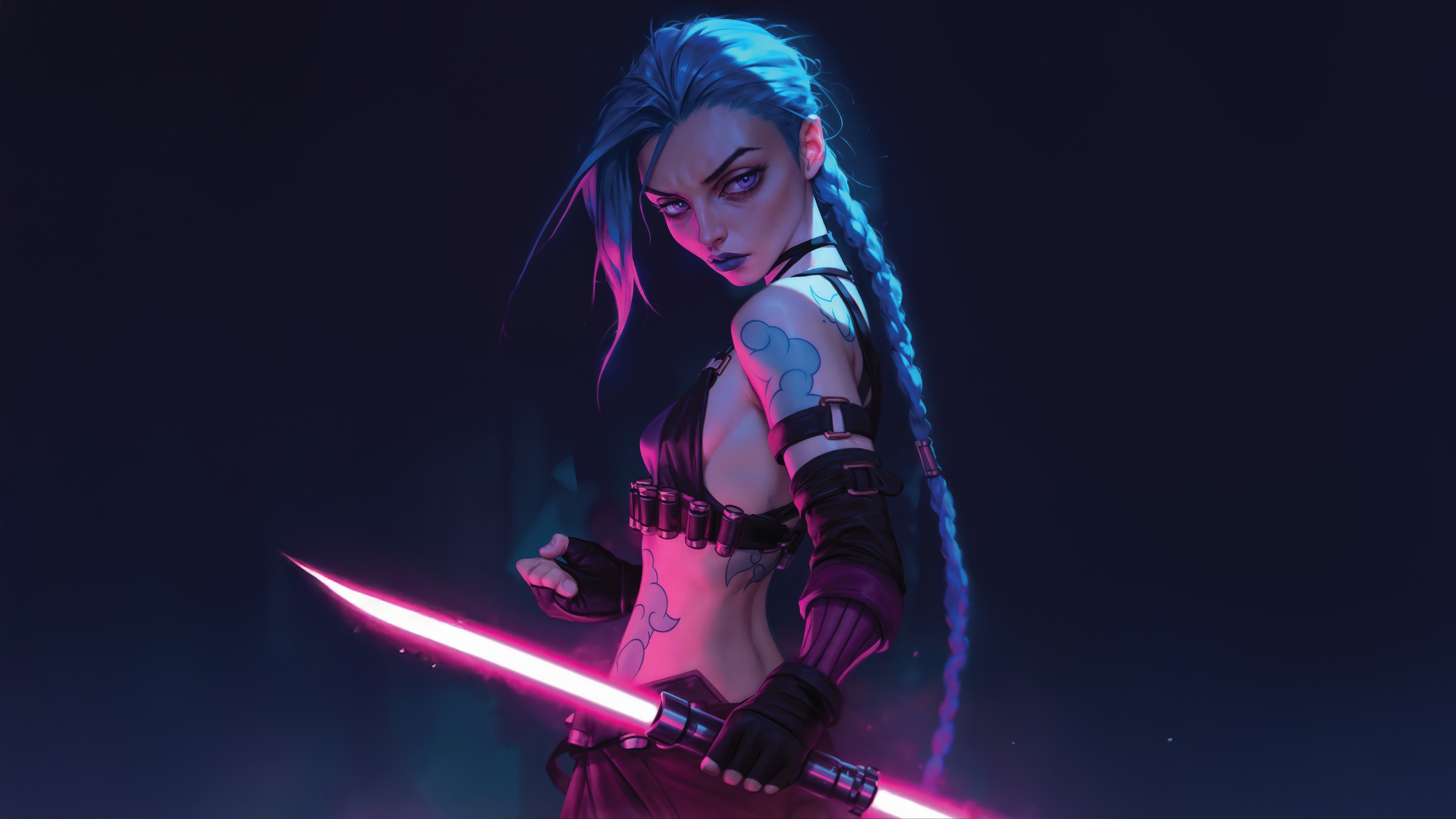 Jinx holding a pink glowing weapon HD Wallpaper
