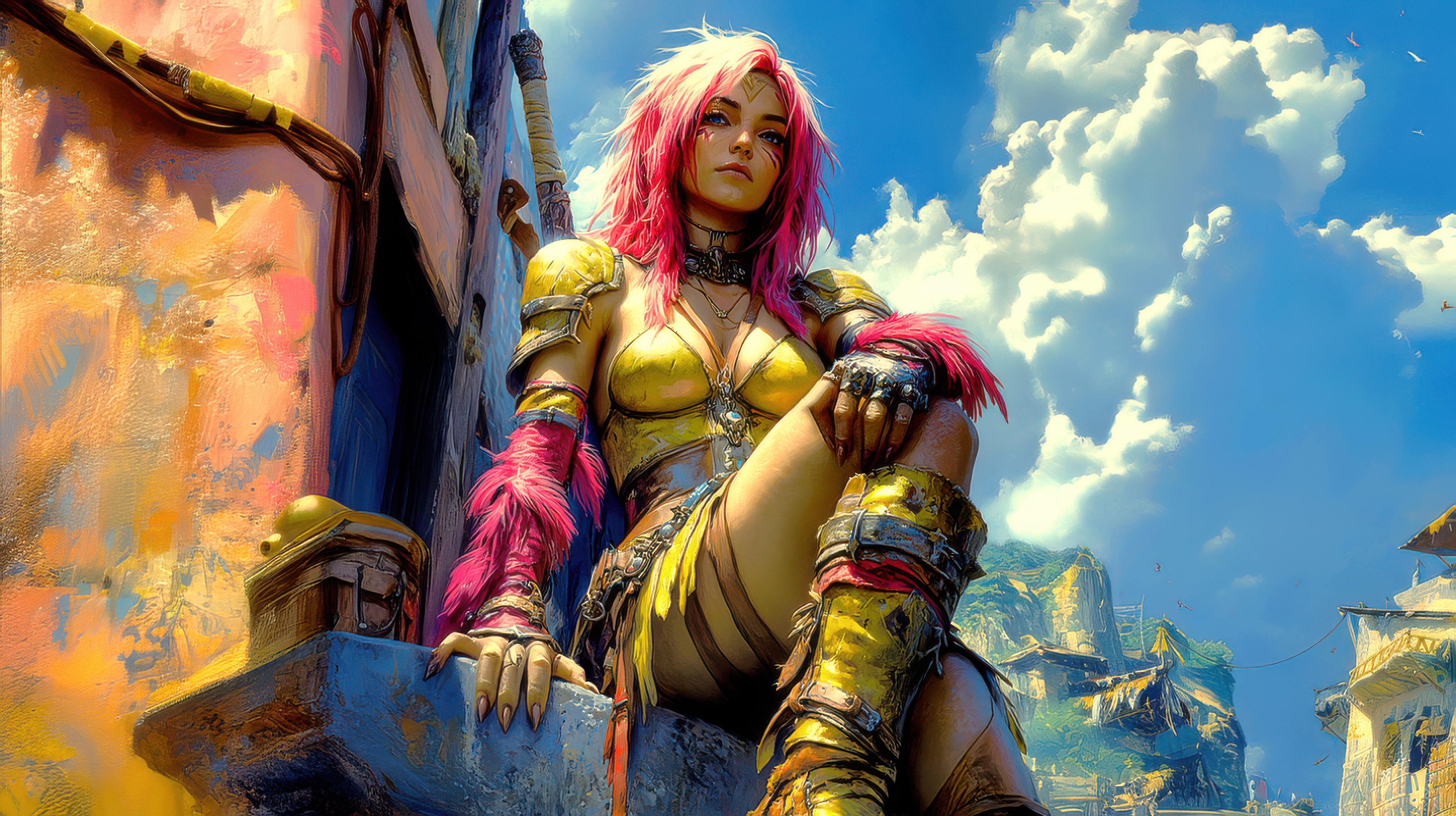 Woman with pink hair and armor in a village HD Wallpaper