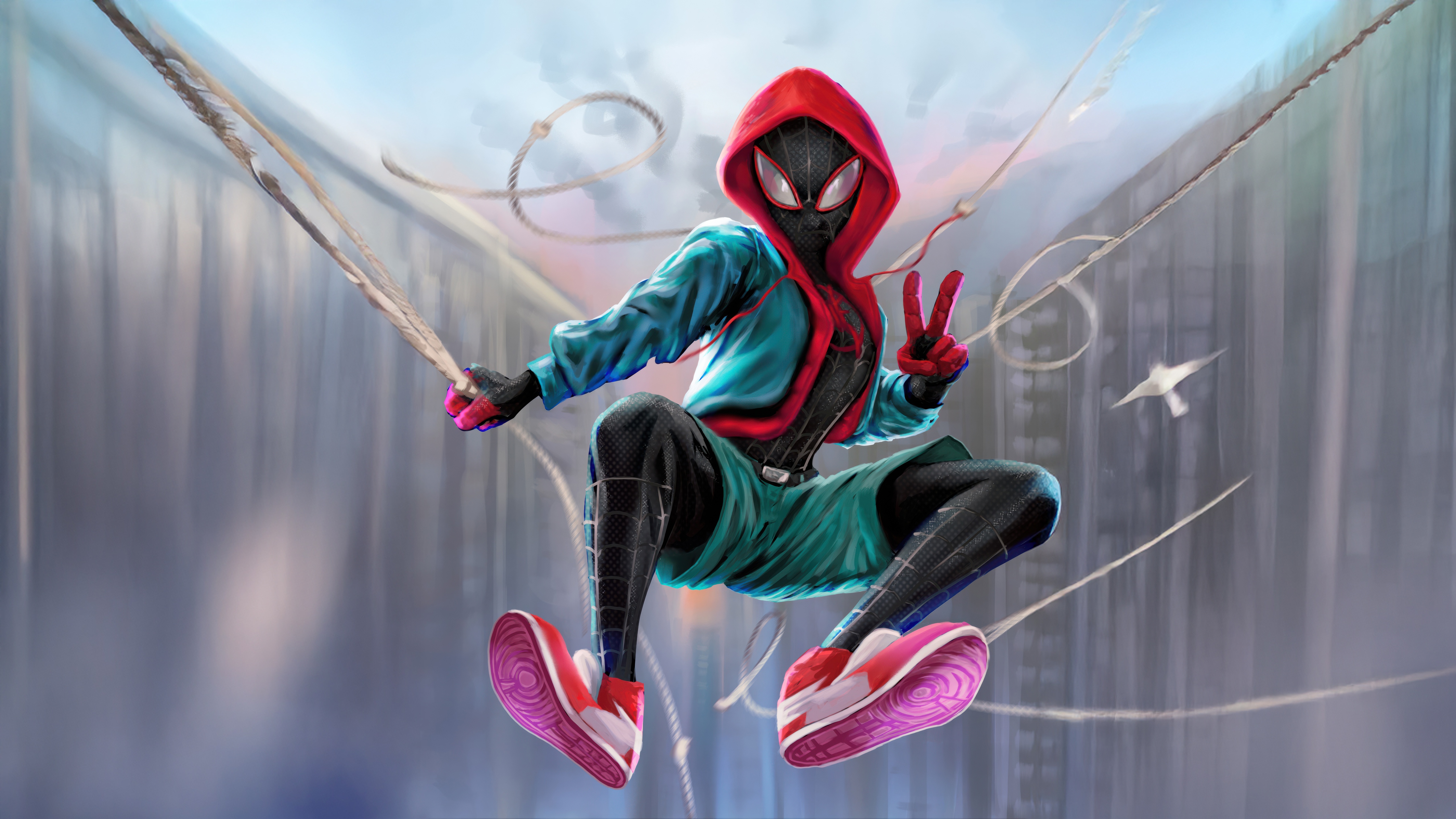 Miles Morales Swinging Through the City HD Wallpaper