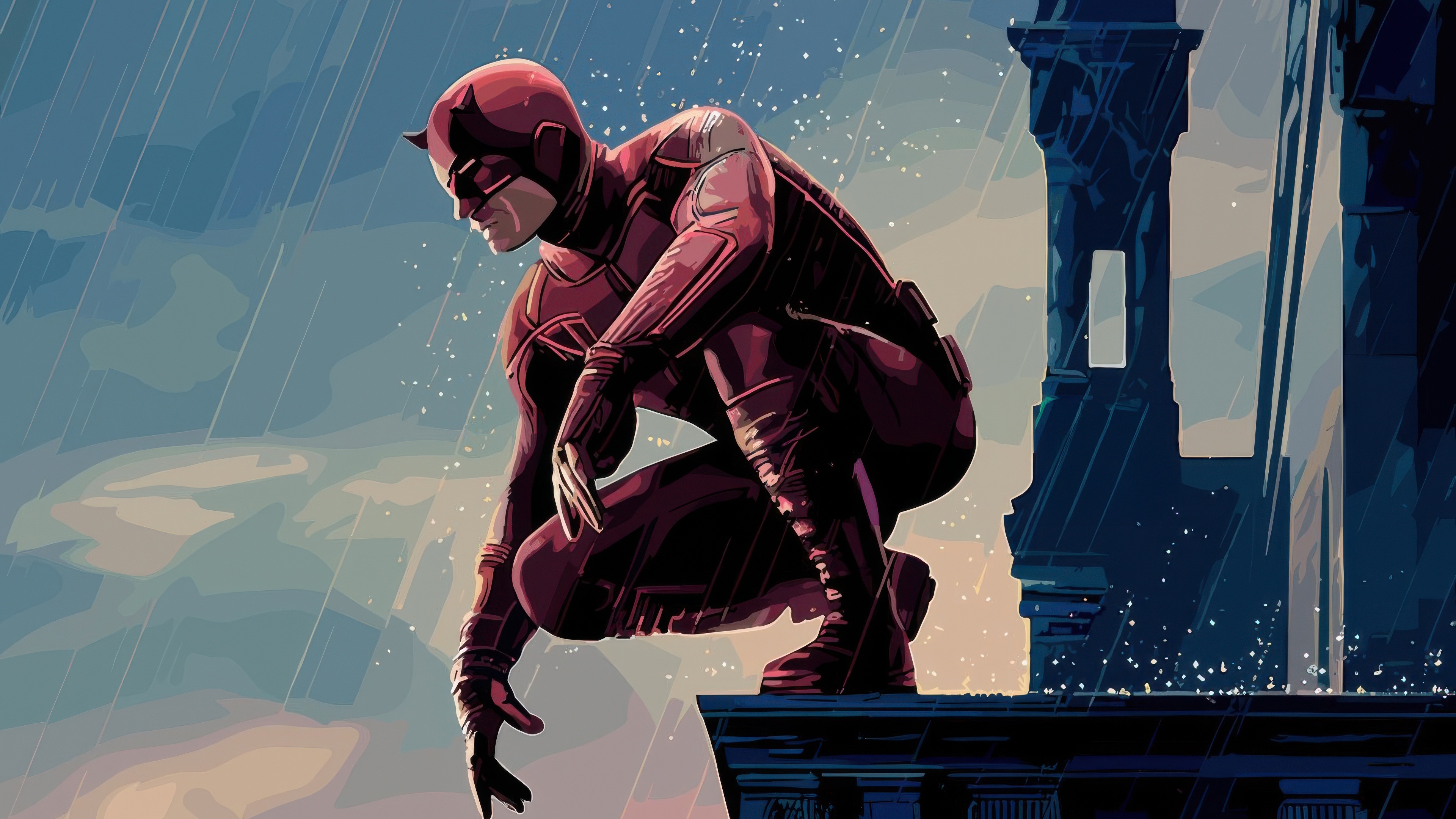 Daredevil Crouching on a Rooftop in the Rain HD Wallpaper