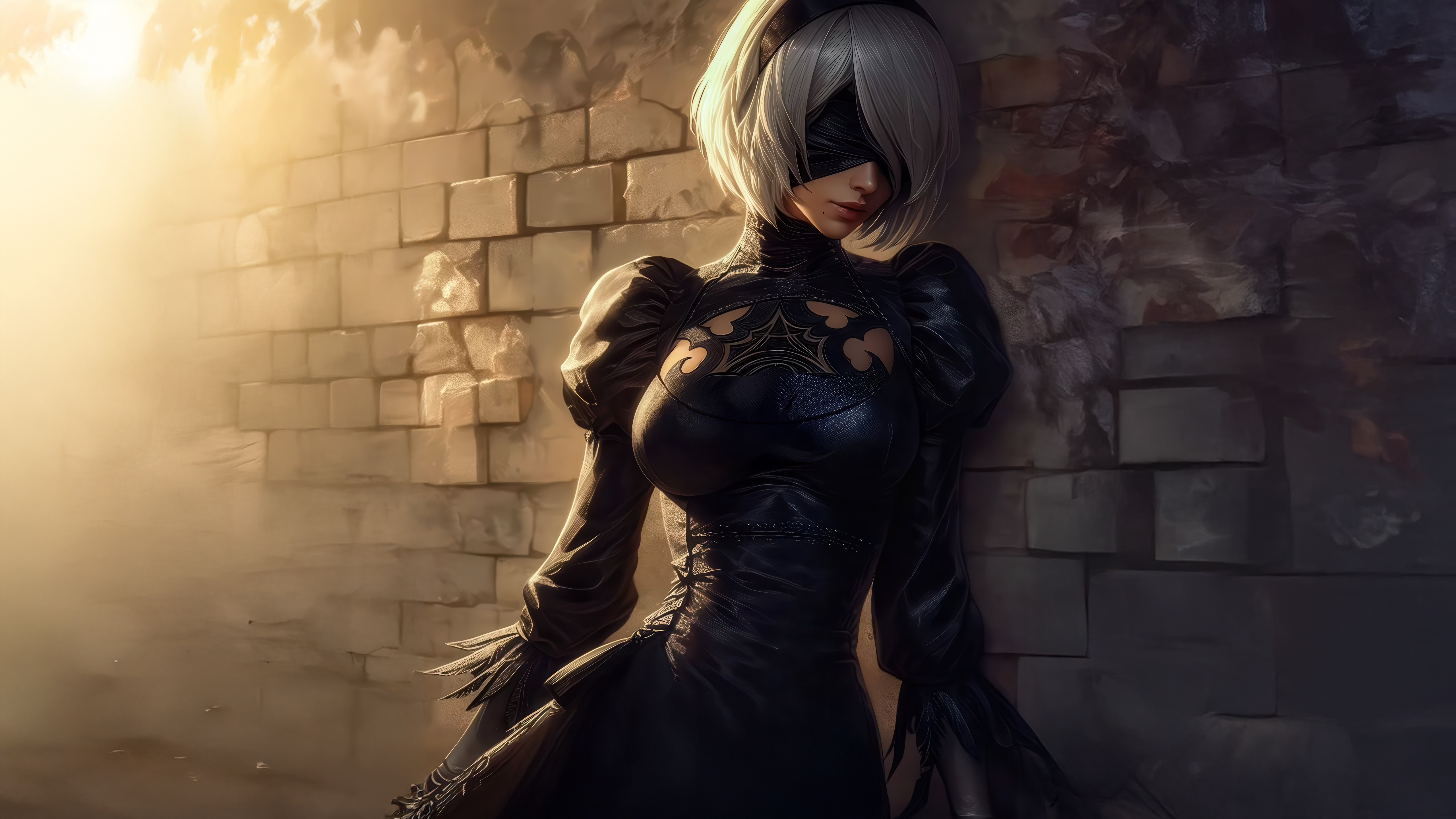 Yorha 2b from Nier Automata leaning against a brick wall HD Wallpaper