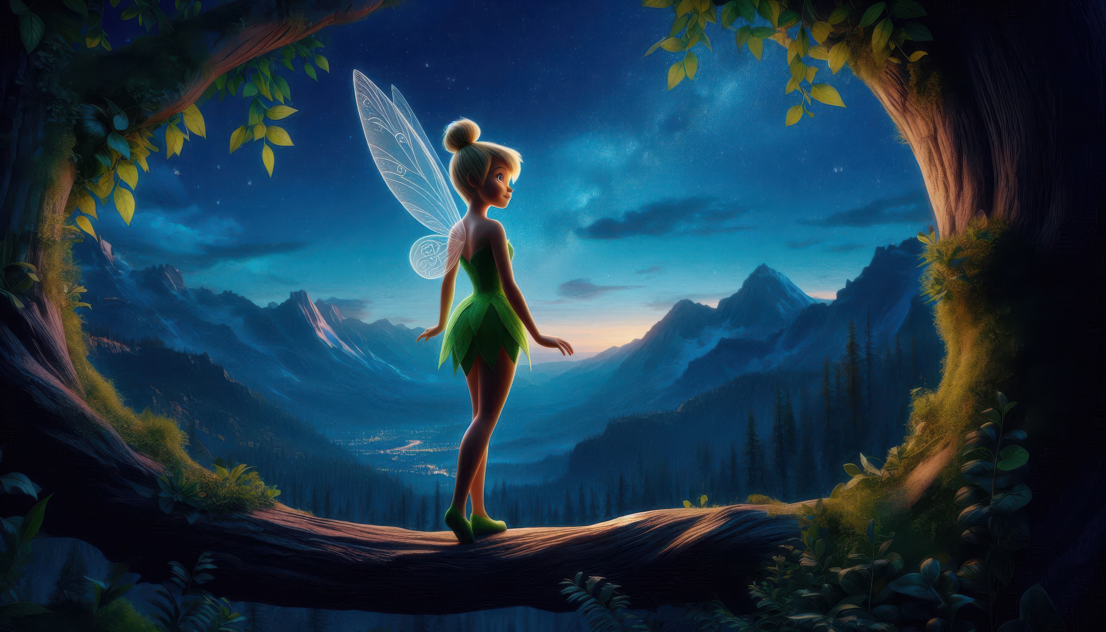 Tinker Bell standing on a log at night HD Wallpaper