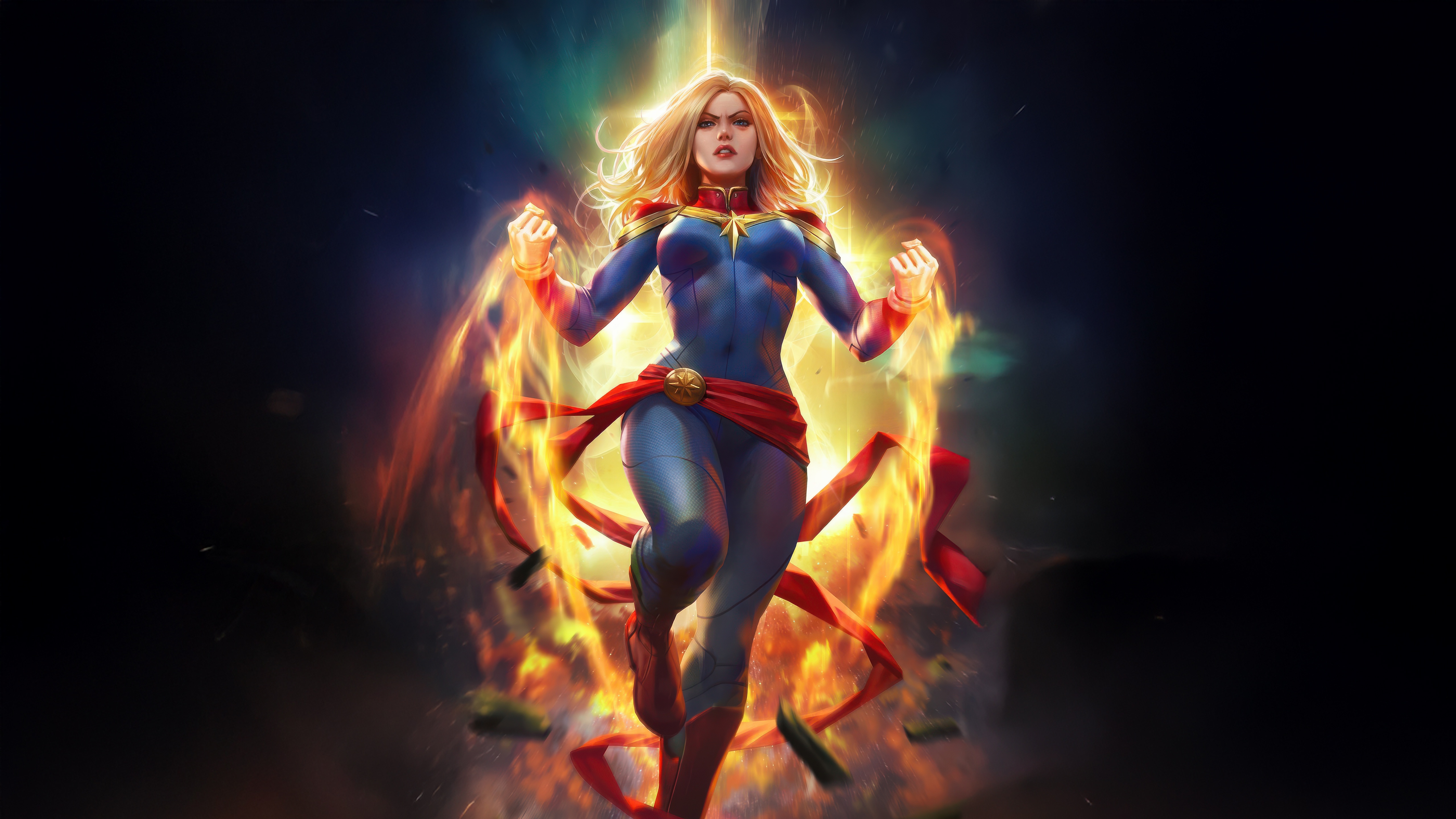 Captain Marvel surrounded by fire and light HD Wallpaper