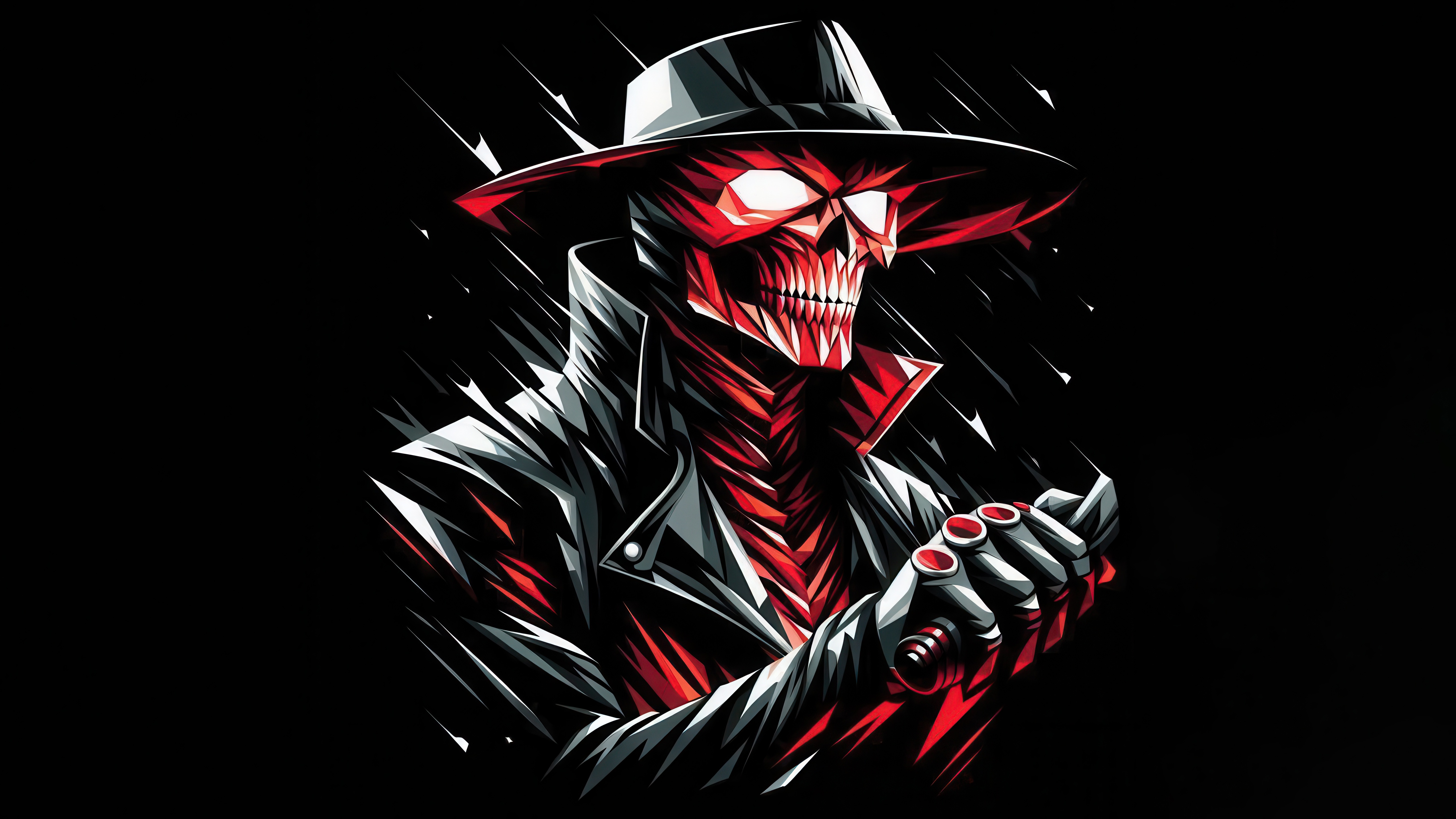 A skeleton in a hat and trench coat HD Wallpaper