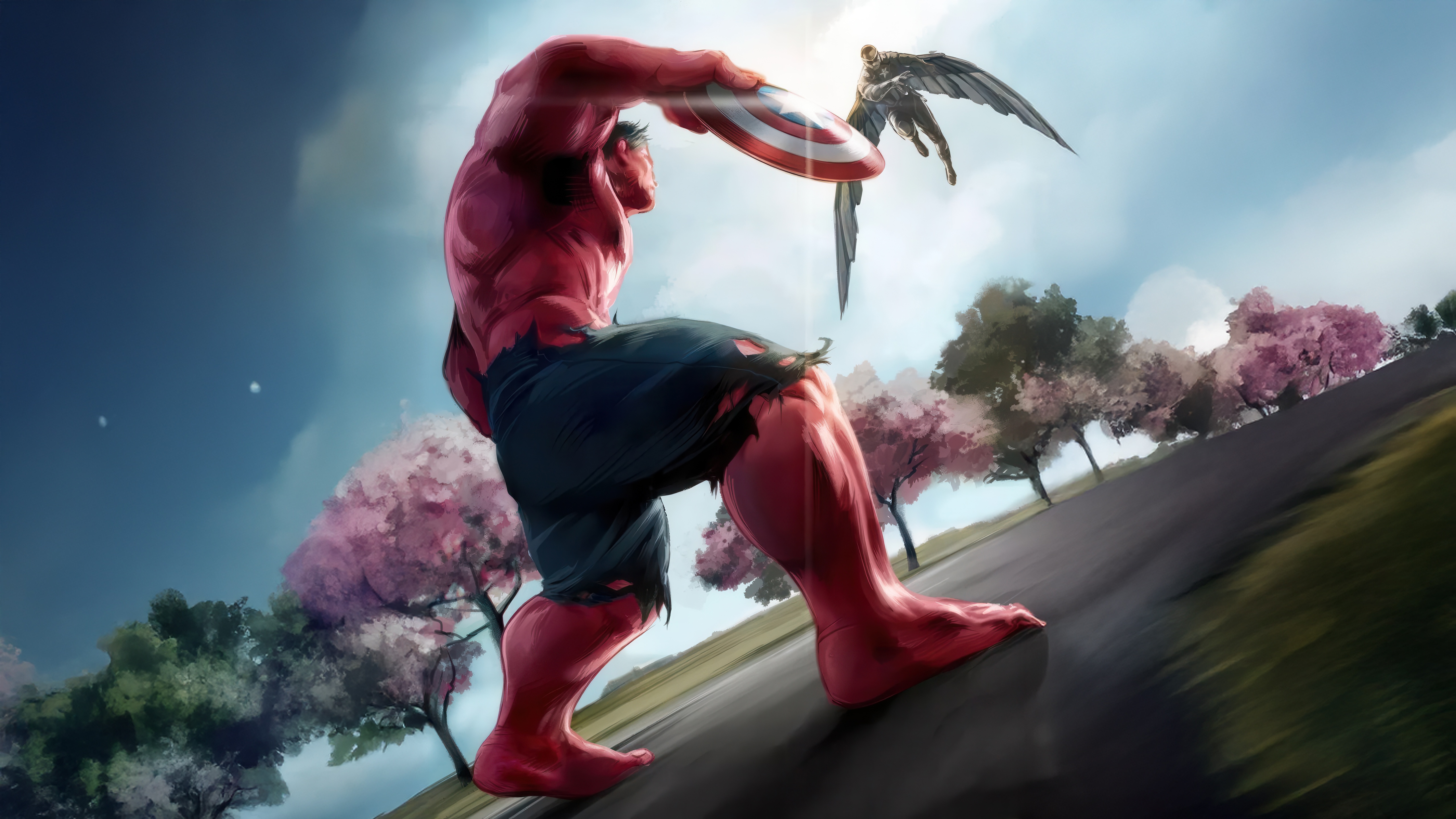 Red Hulk Fights Captain America in the Sky HD Wallpaper