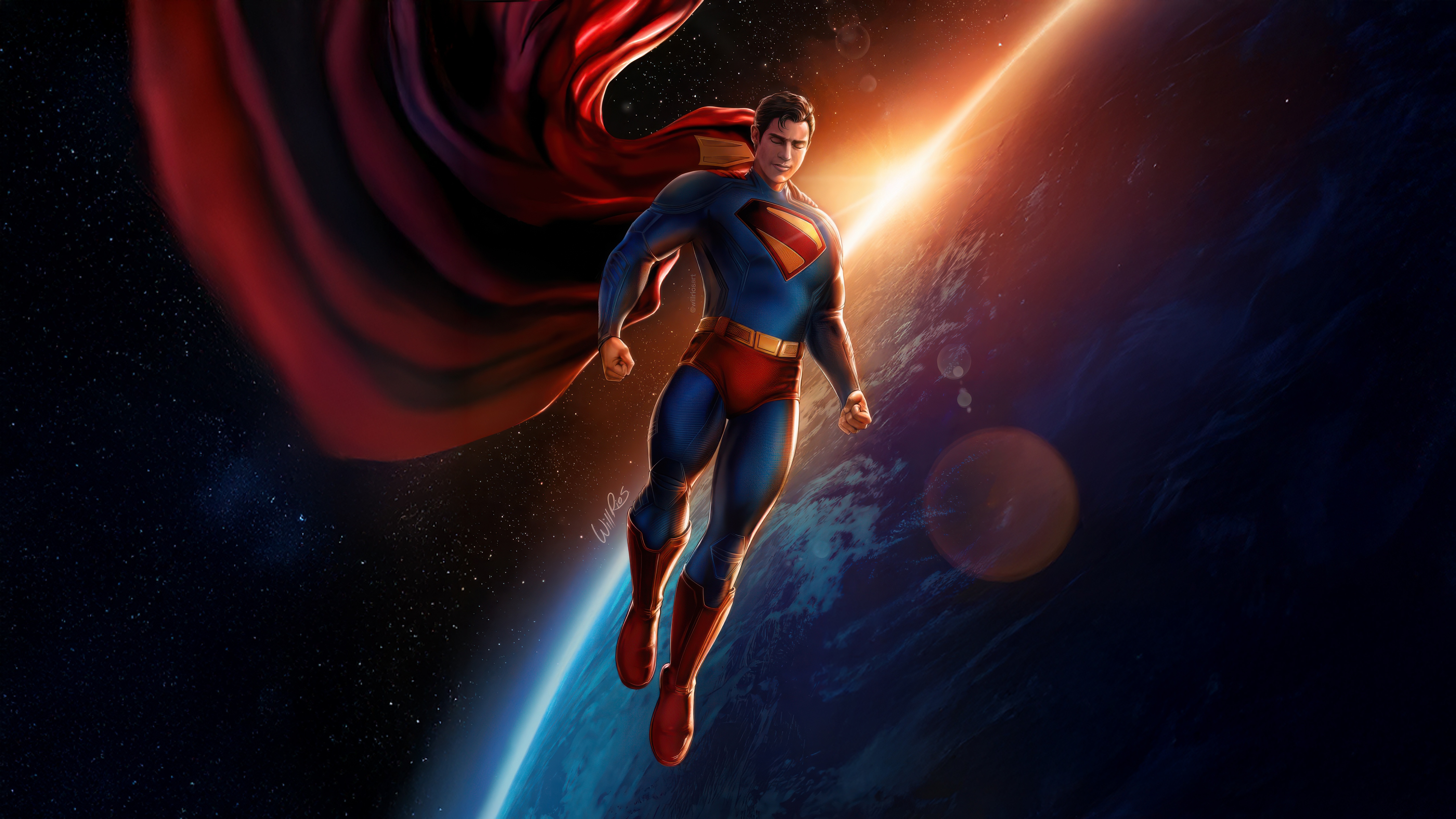 Superman flying in space with Earth and sun flare HD Wallpaper