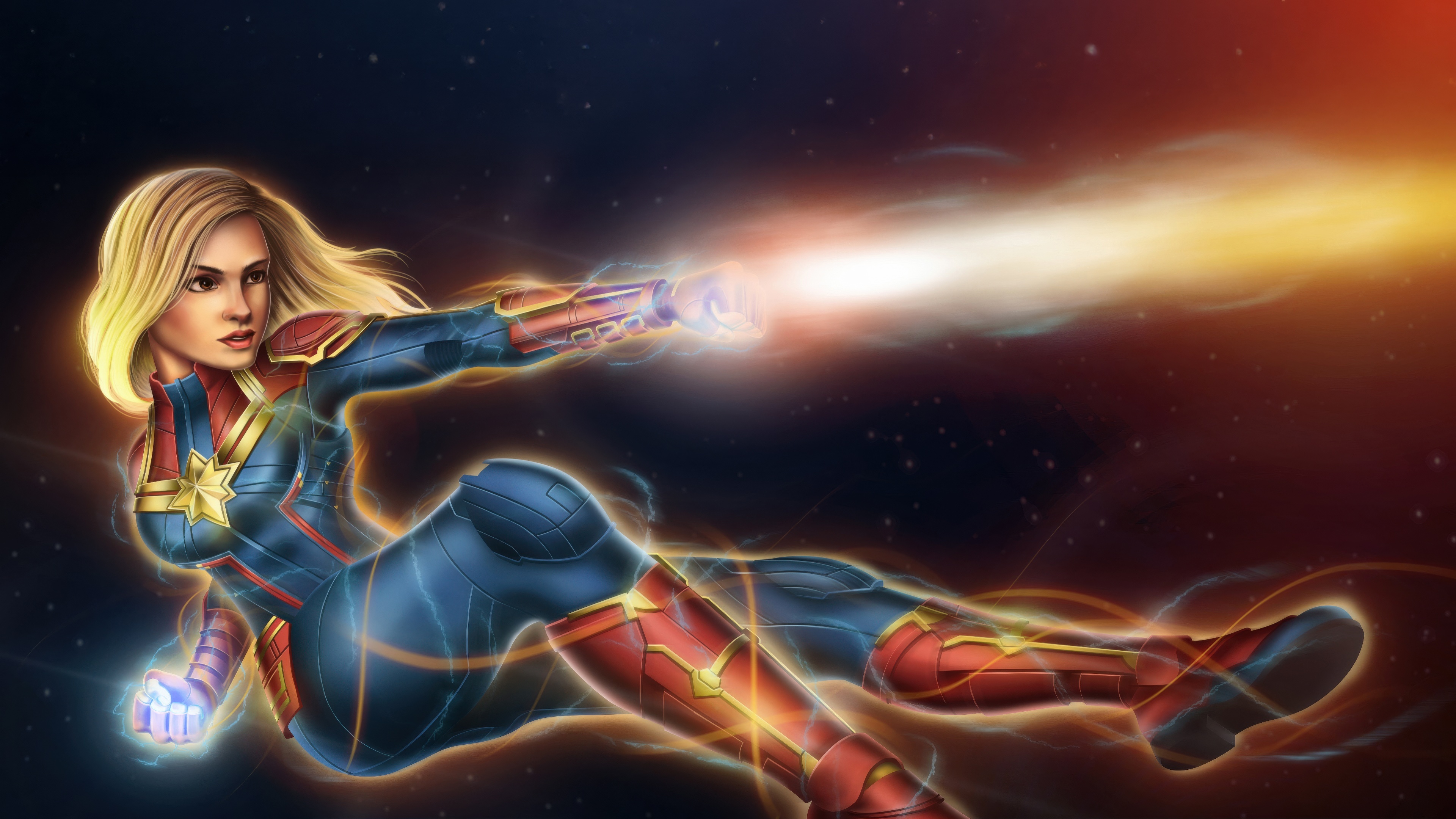 Captain Marvel Firing Energy Blast in Space HD Wallpaper