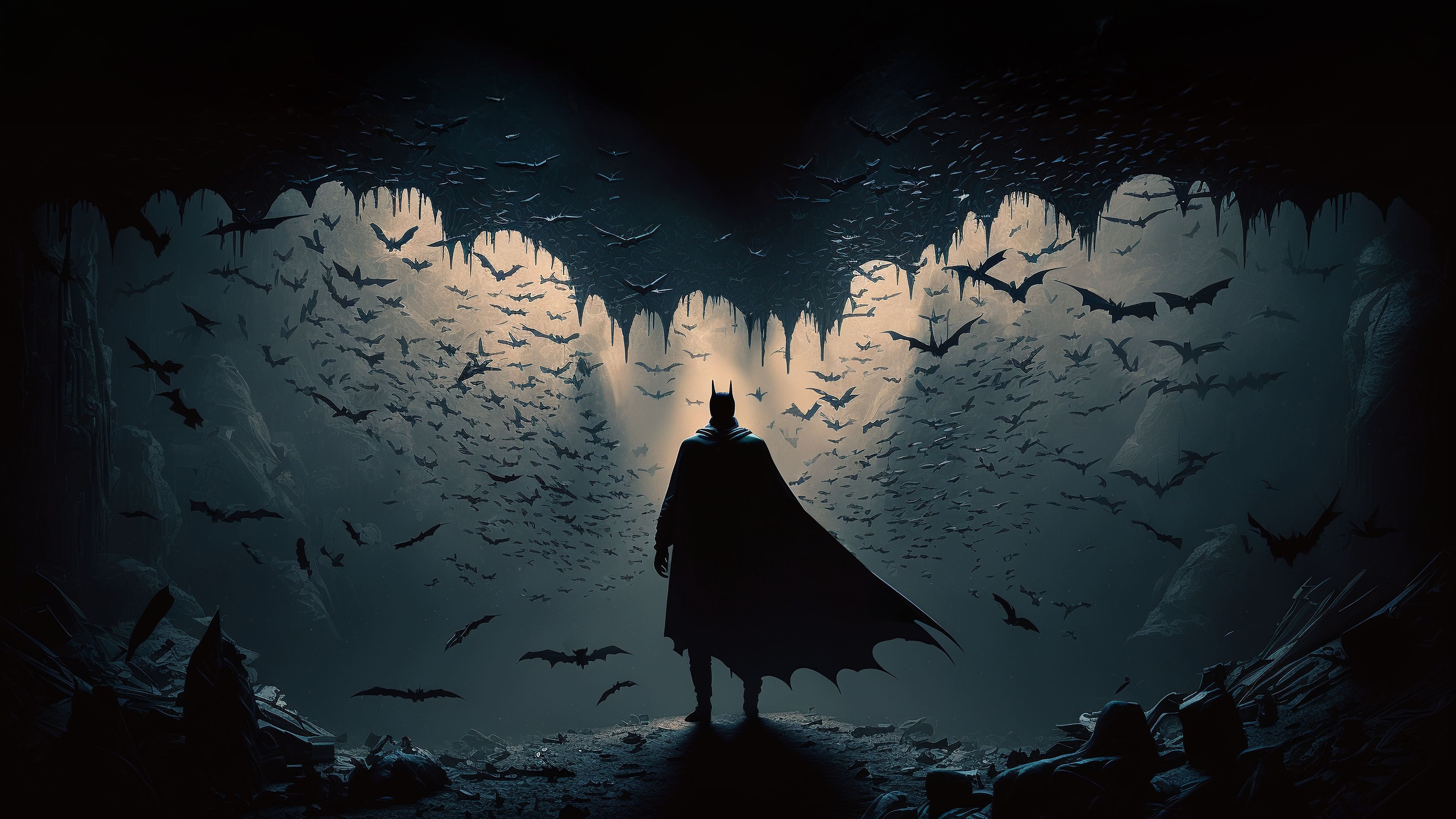 Batman in the Batcave surrounded by bats HD Wallpaper