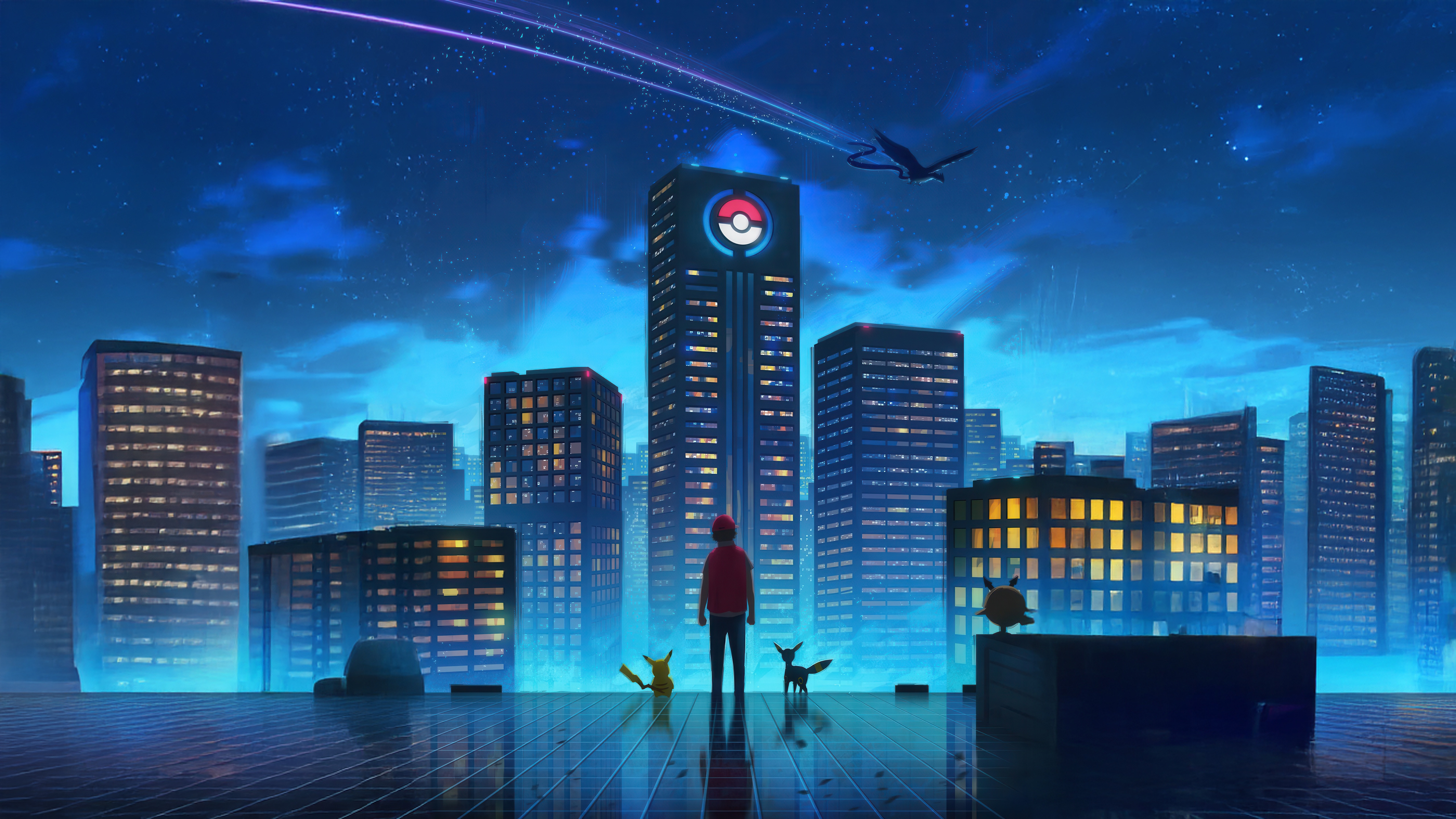 Ash and Pokemon in a futuristic city at night HD Wallpaper