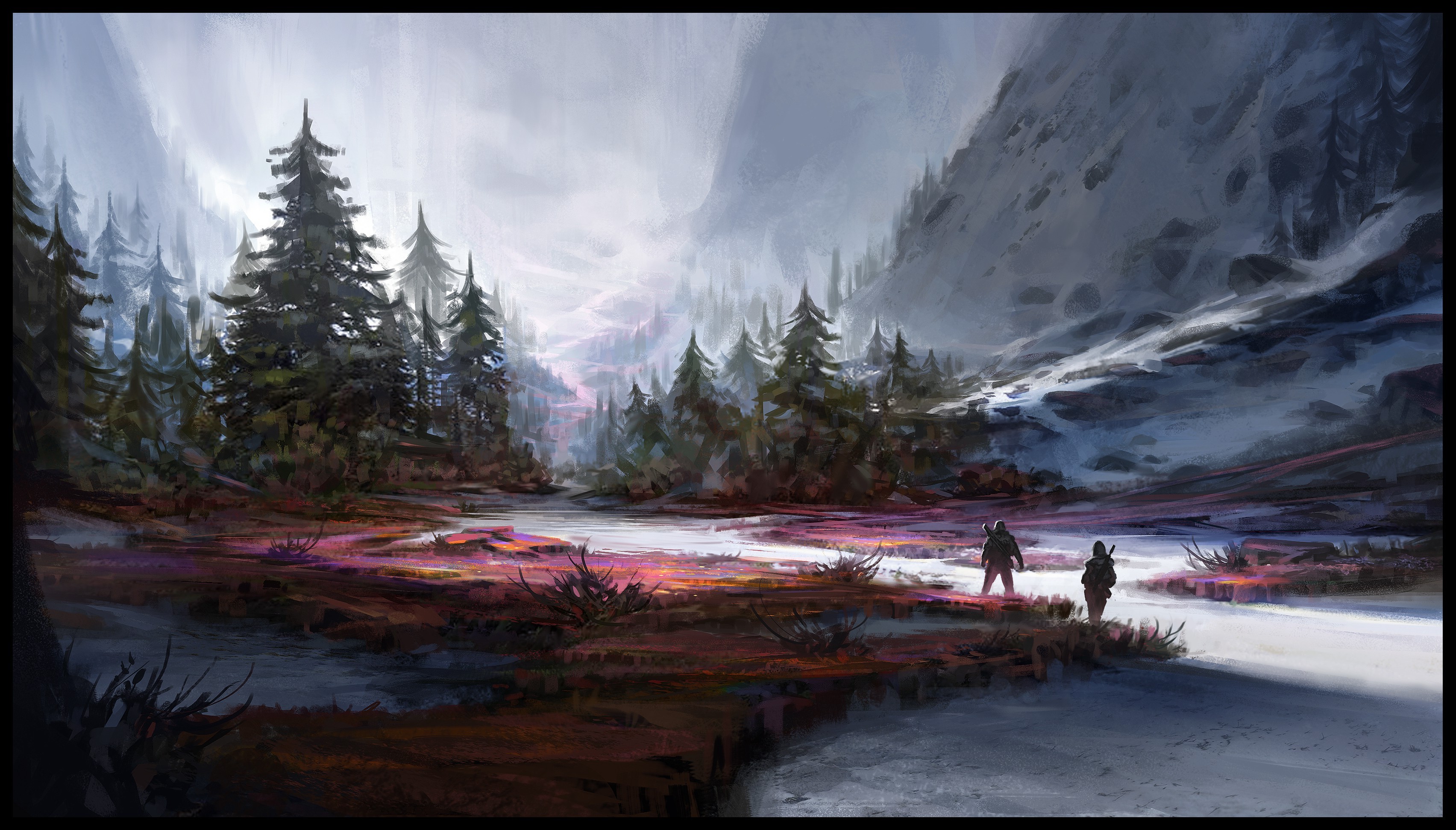 Fantasy art of a misty forest landscape with two figures HD Wallpaper