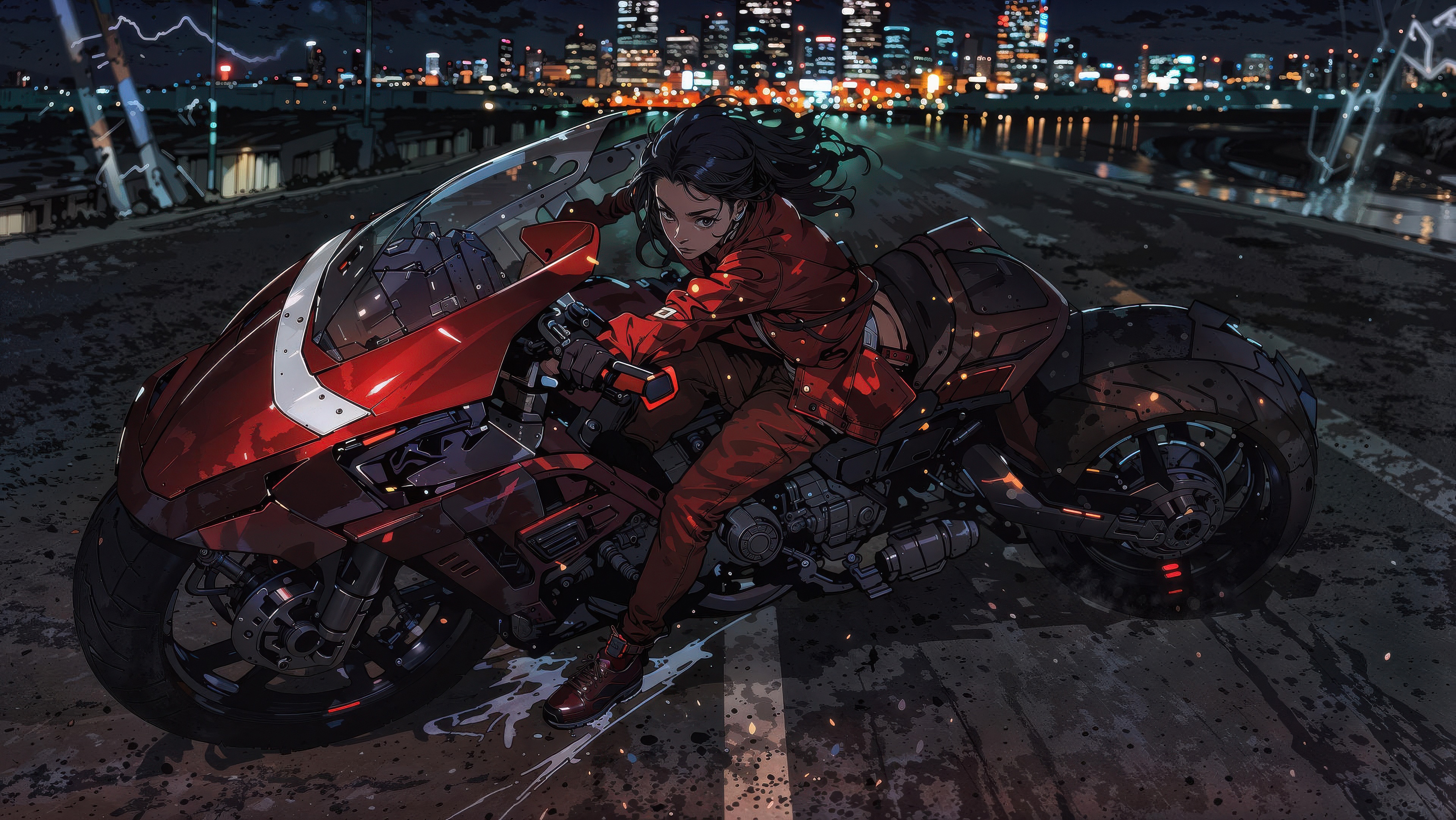 Girl on a motorcycle in a city at night HD Wallpaper