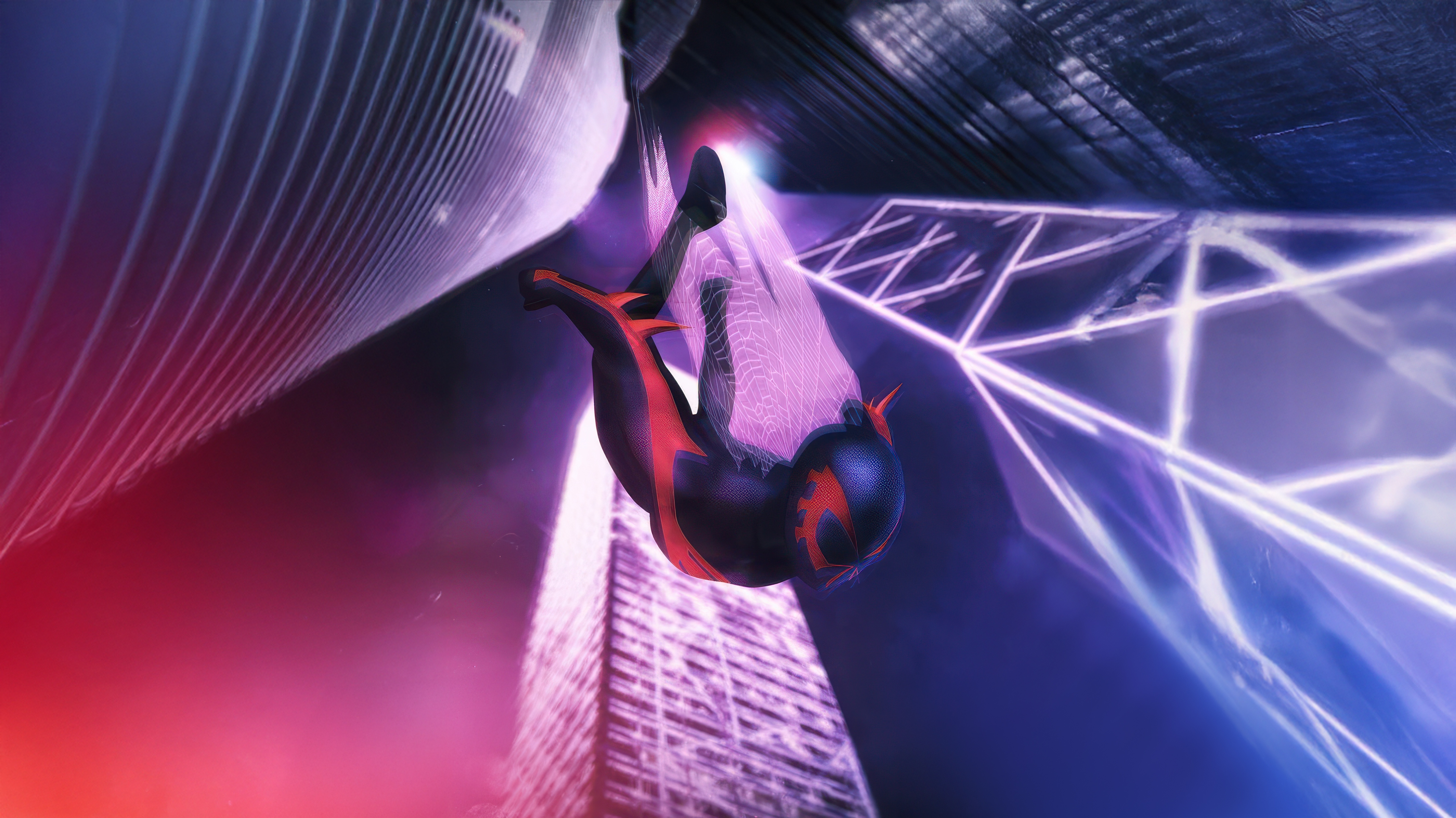 Spider-Man 2099 falling through a futuristic city HD Wallpaper