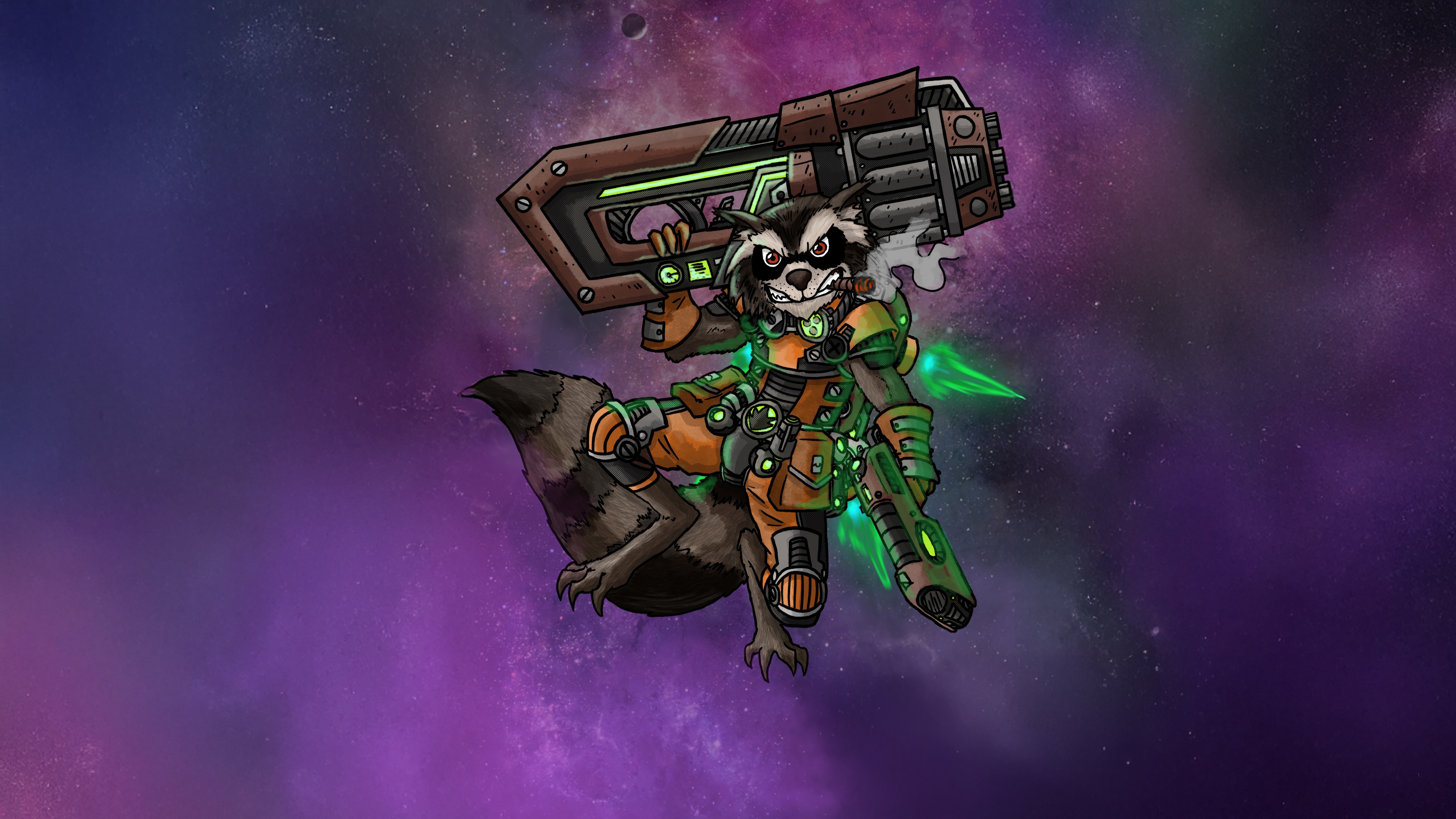 Rocket Raccoon with a large gun in space HD Wallpaper
