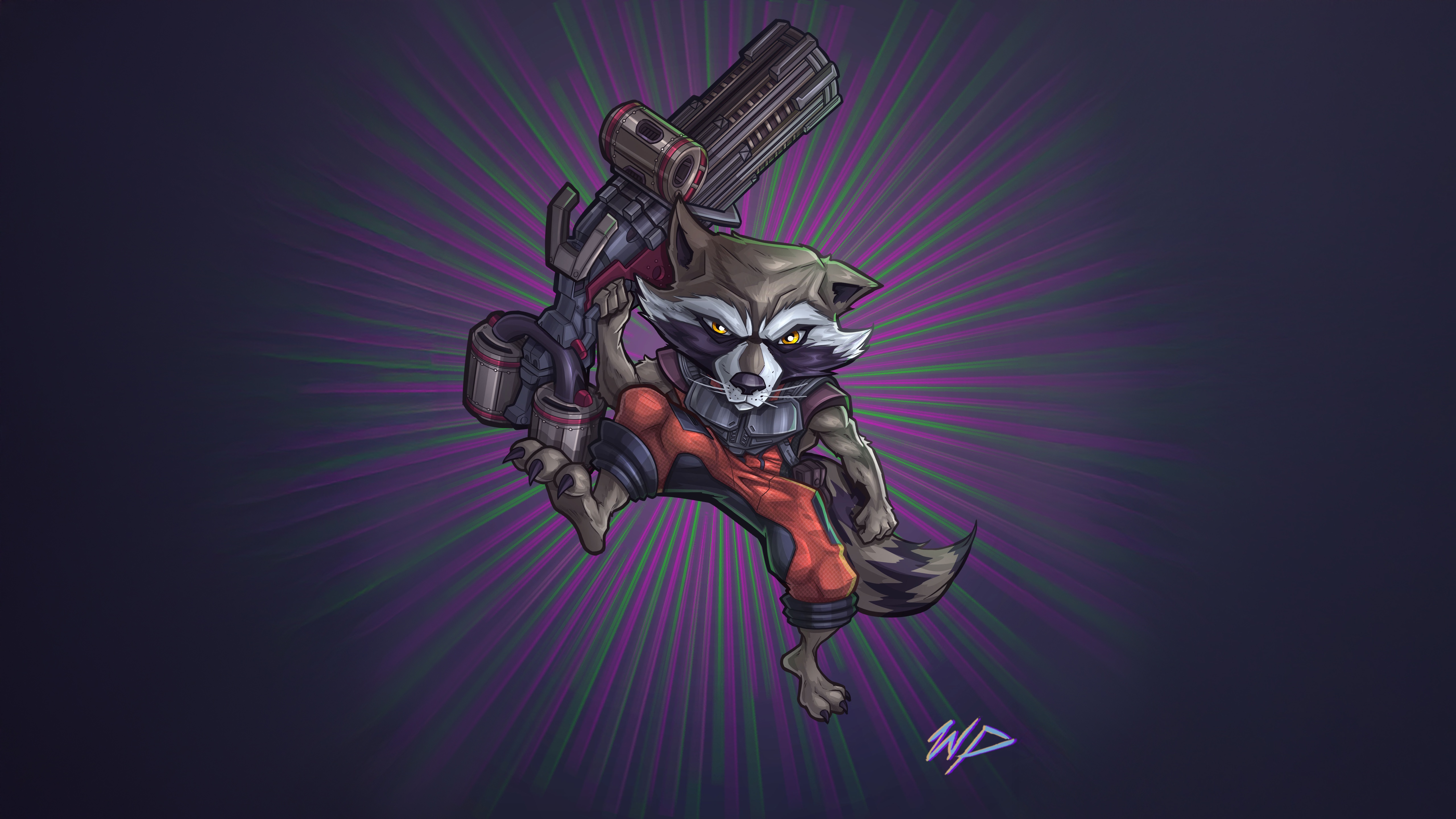 Rocket Raccoon holding a large weapon HD Wallpaper