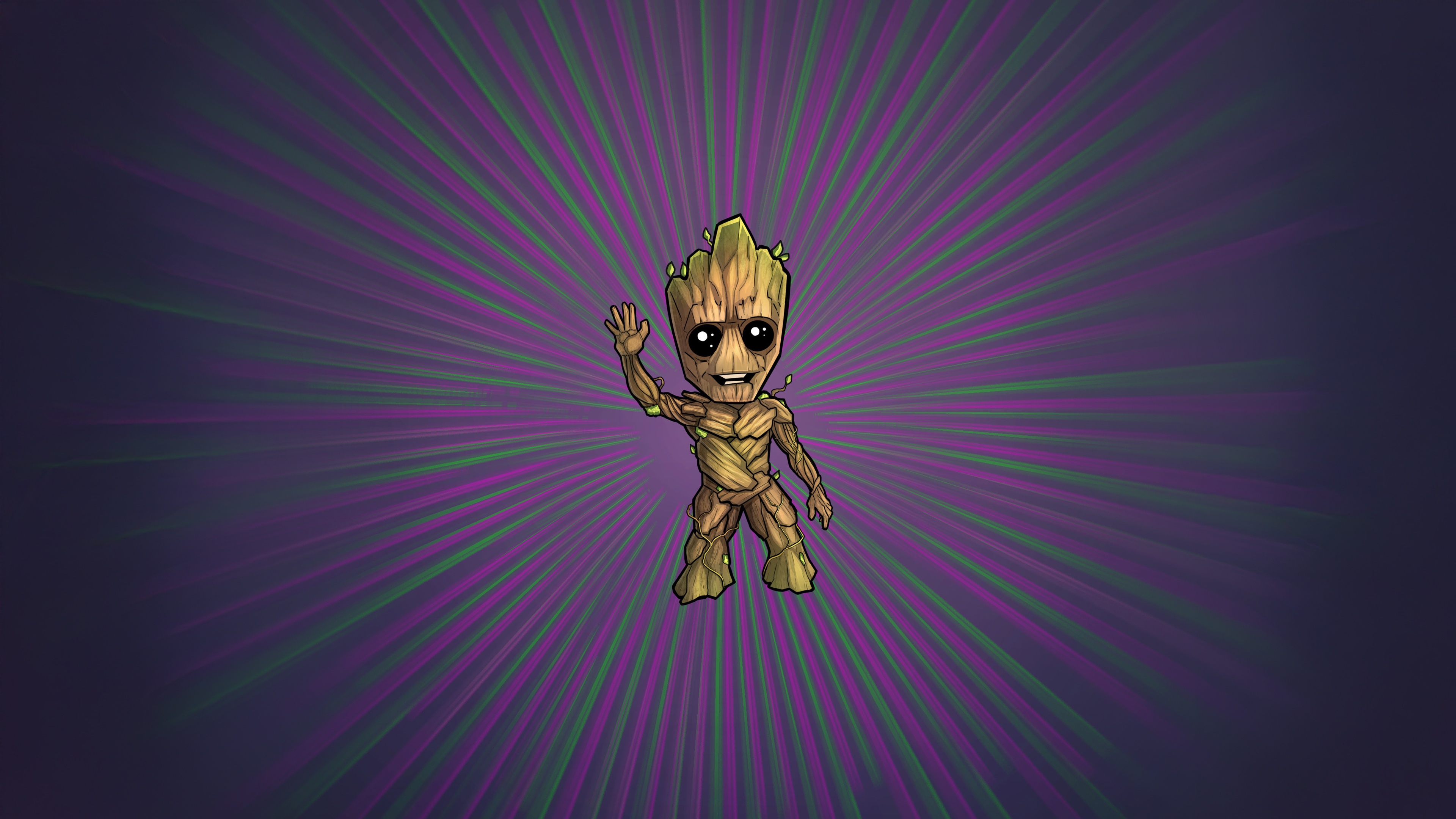 Baby Groot Waving on a Purple and Green Background HD Wallpaper