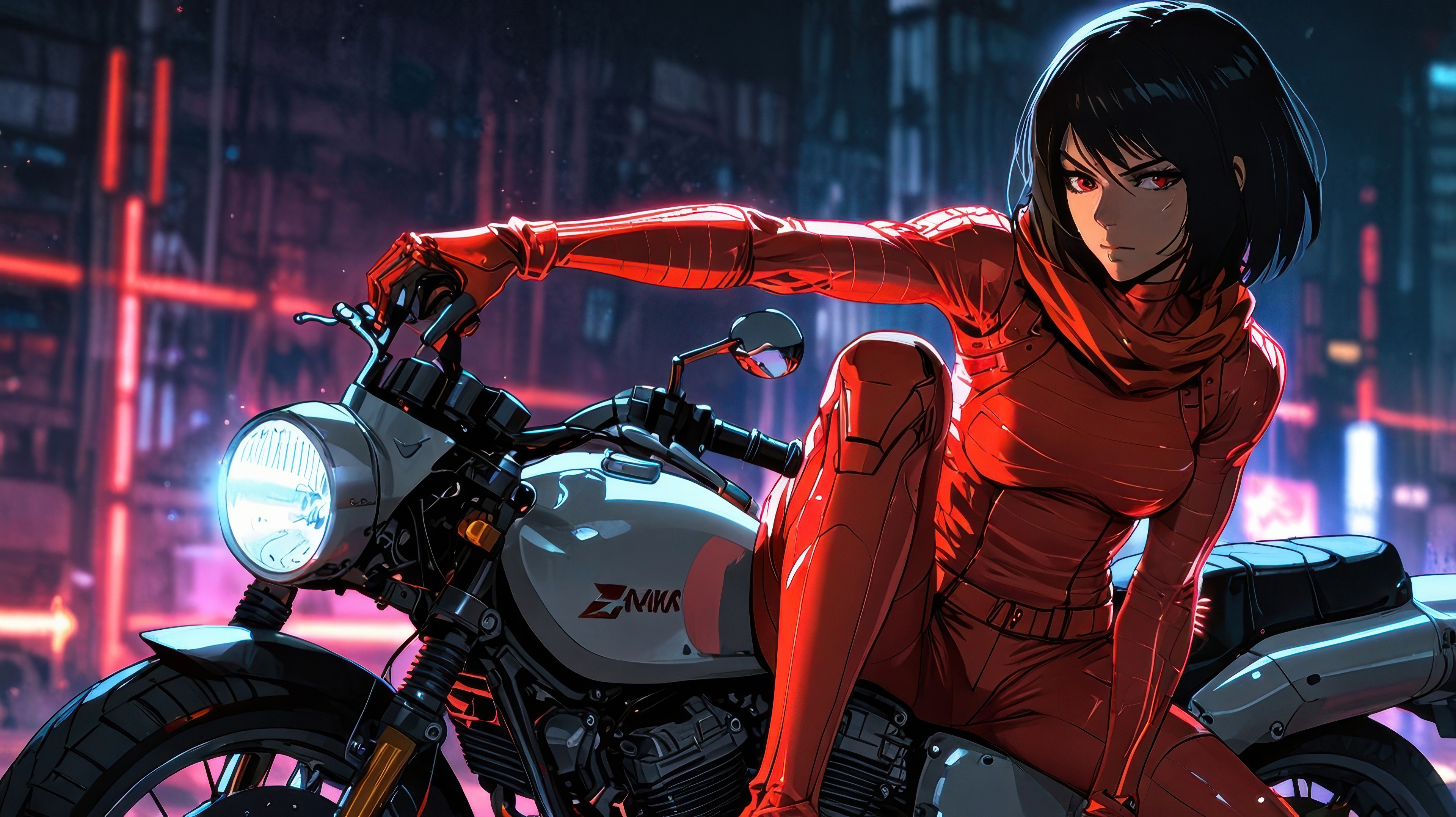 Mikasa Ackerman on a Cyberpunk Motorcycle HD Wallpaper