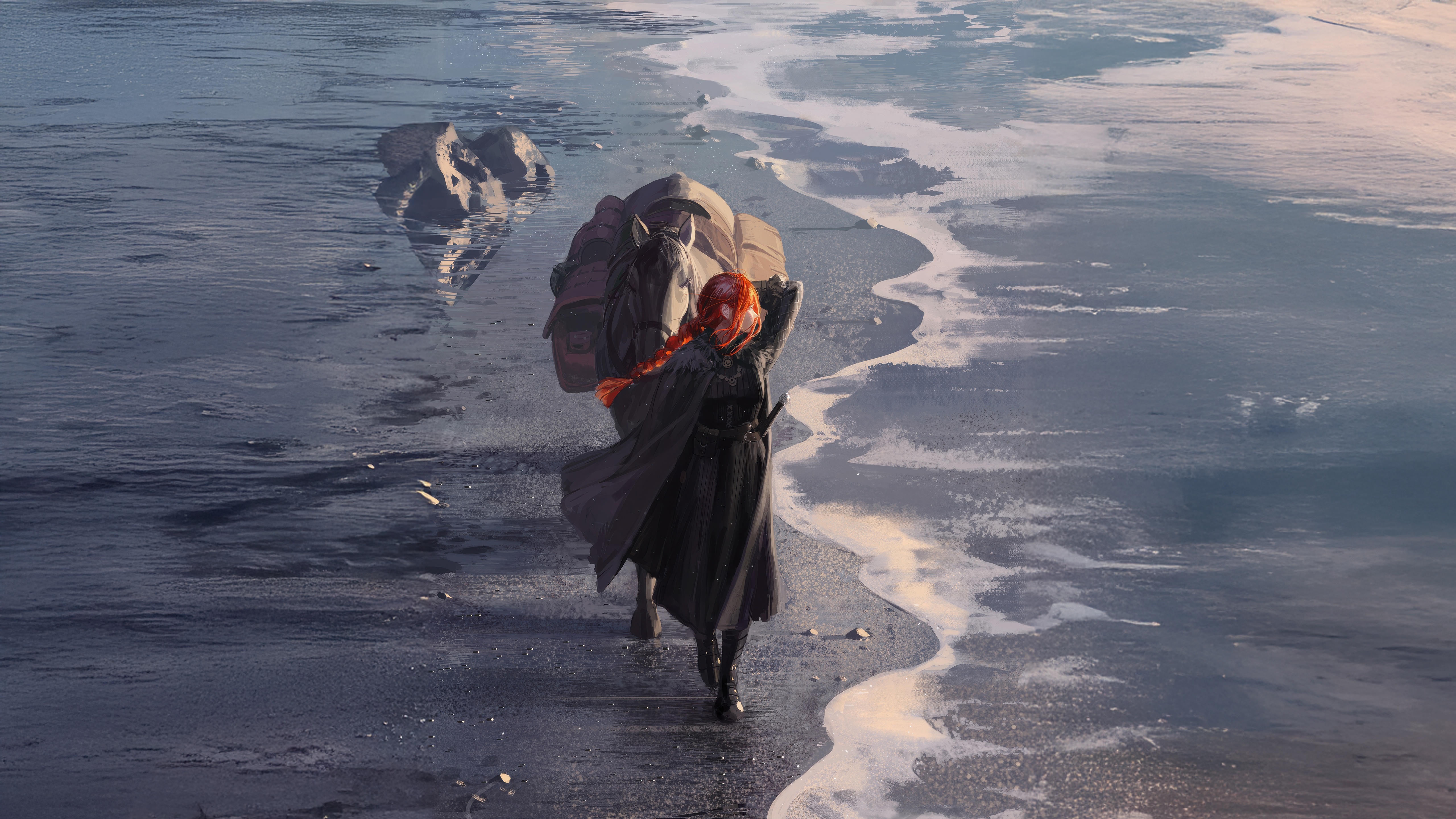 Woman and horse walking on a beach HD Wallpaper