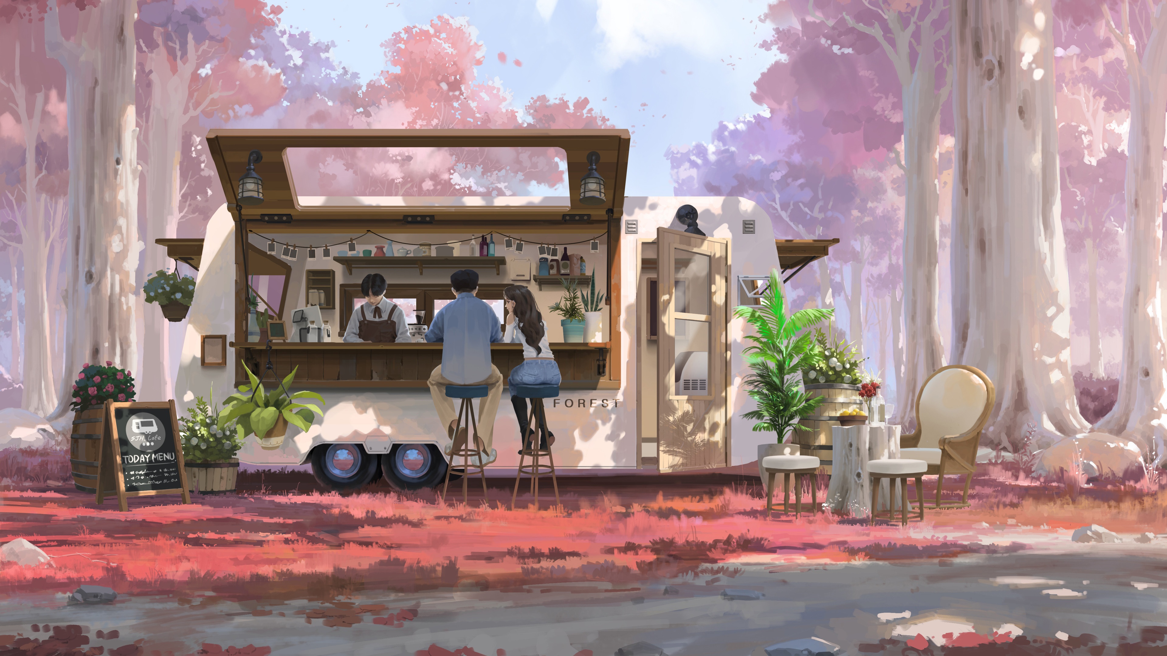 Cherry Blossom Forest Cafe HD Wallpaper