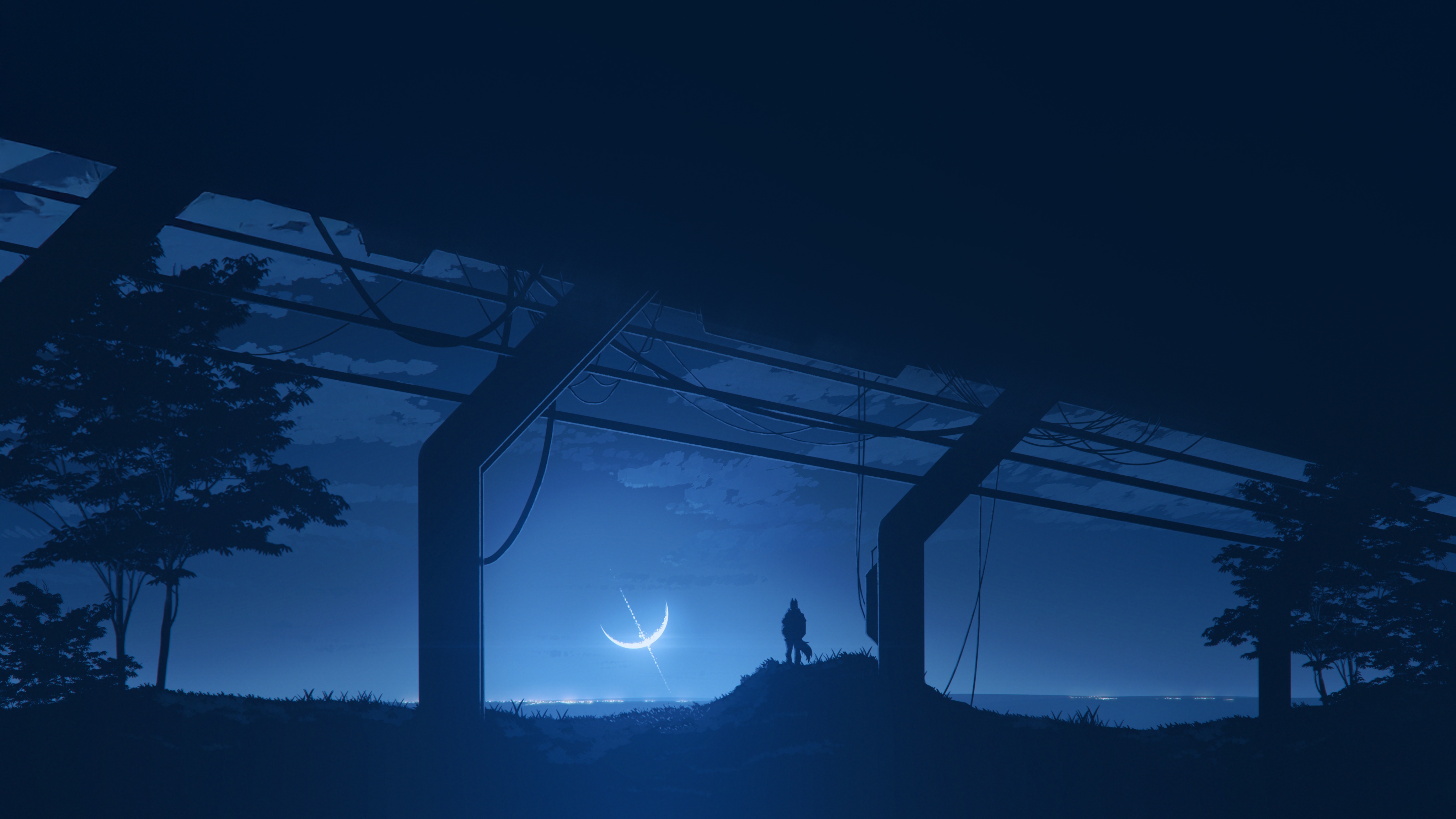 Silhouette of a person and dog under a broken moon HD Wallpaper