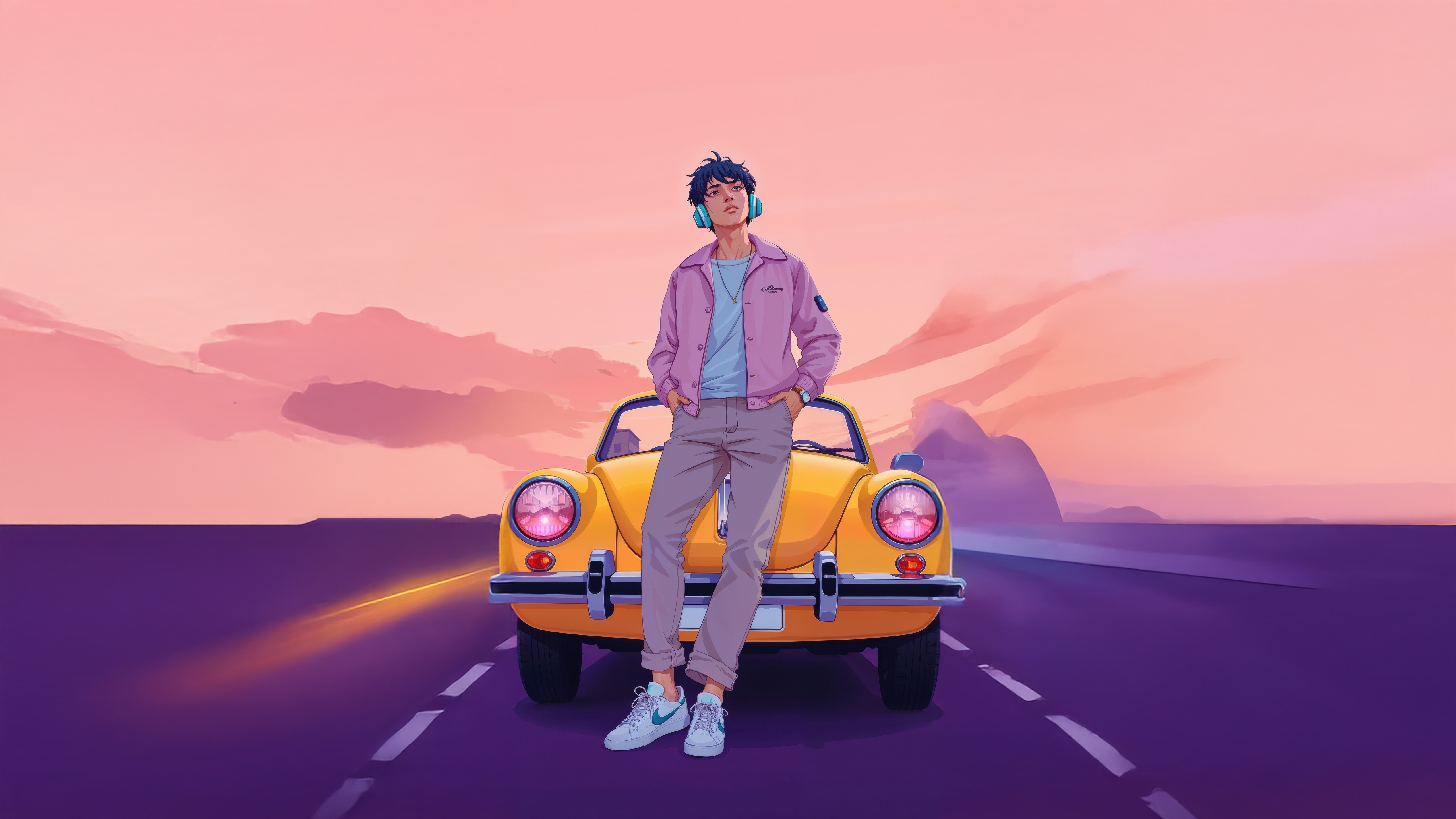 Man with headphones by a yellow car at sunset HD Wallpaper