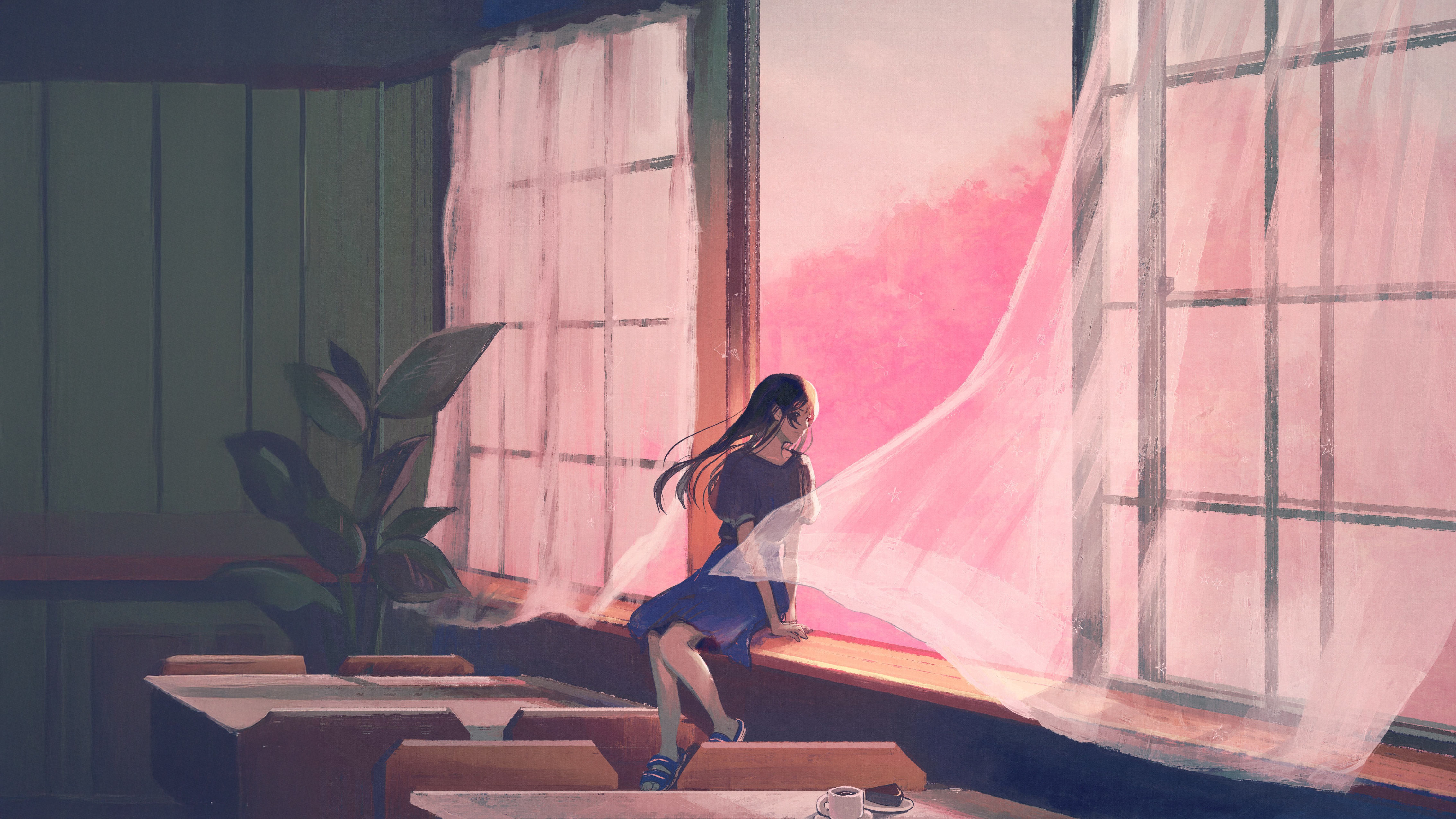 Girl sitting by the window with pink curtains HD Wallpaper