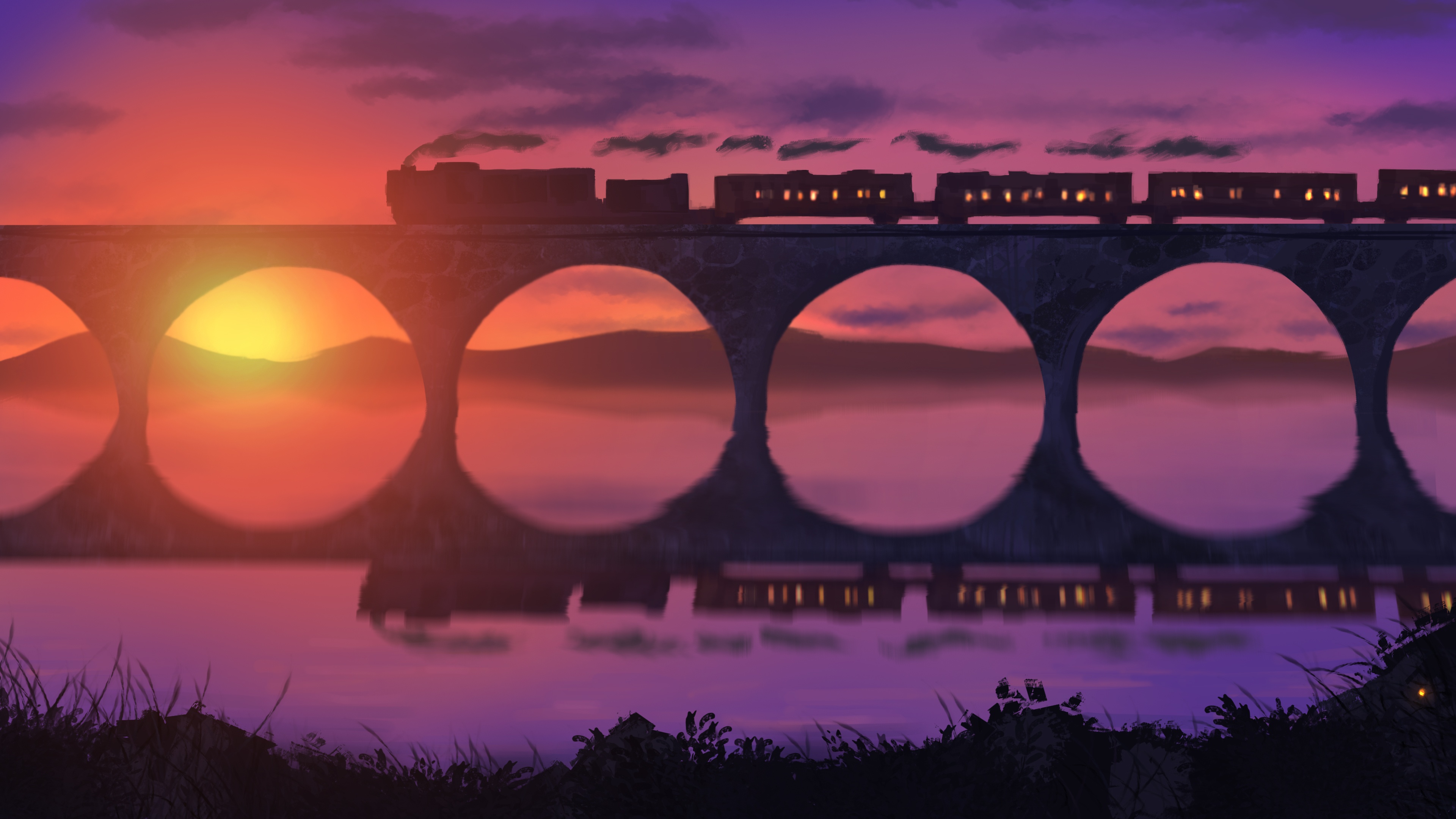 Train crossing a bridge at sunset HD Wallpaper