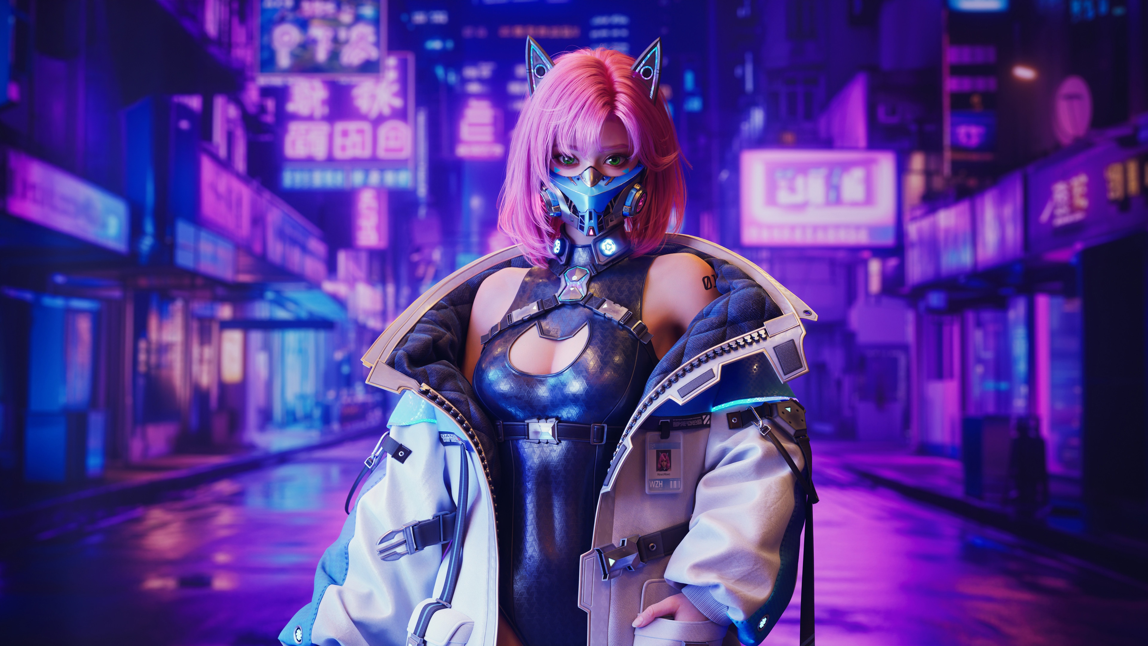 Cyberpunk masked girl with pink hair in neon city HD Wallpaper