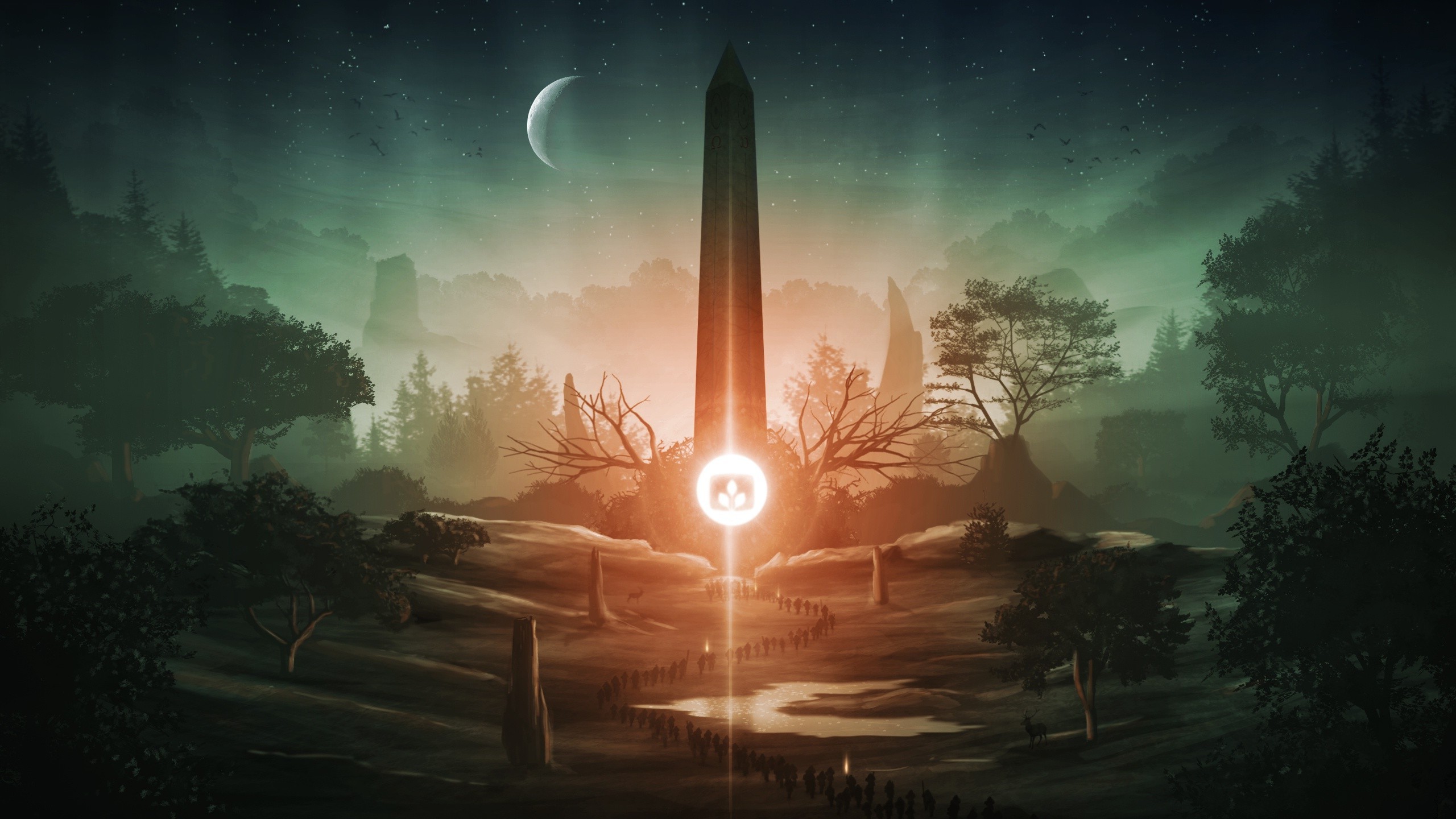 Fantasy art obelisk with moon and forest HD Wallpaper