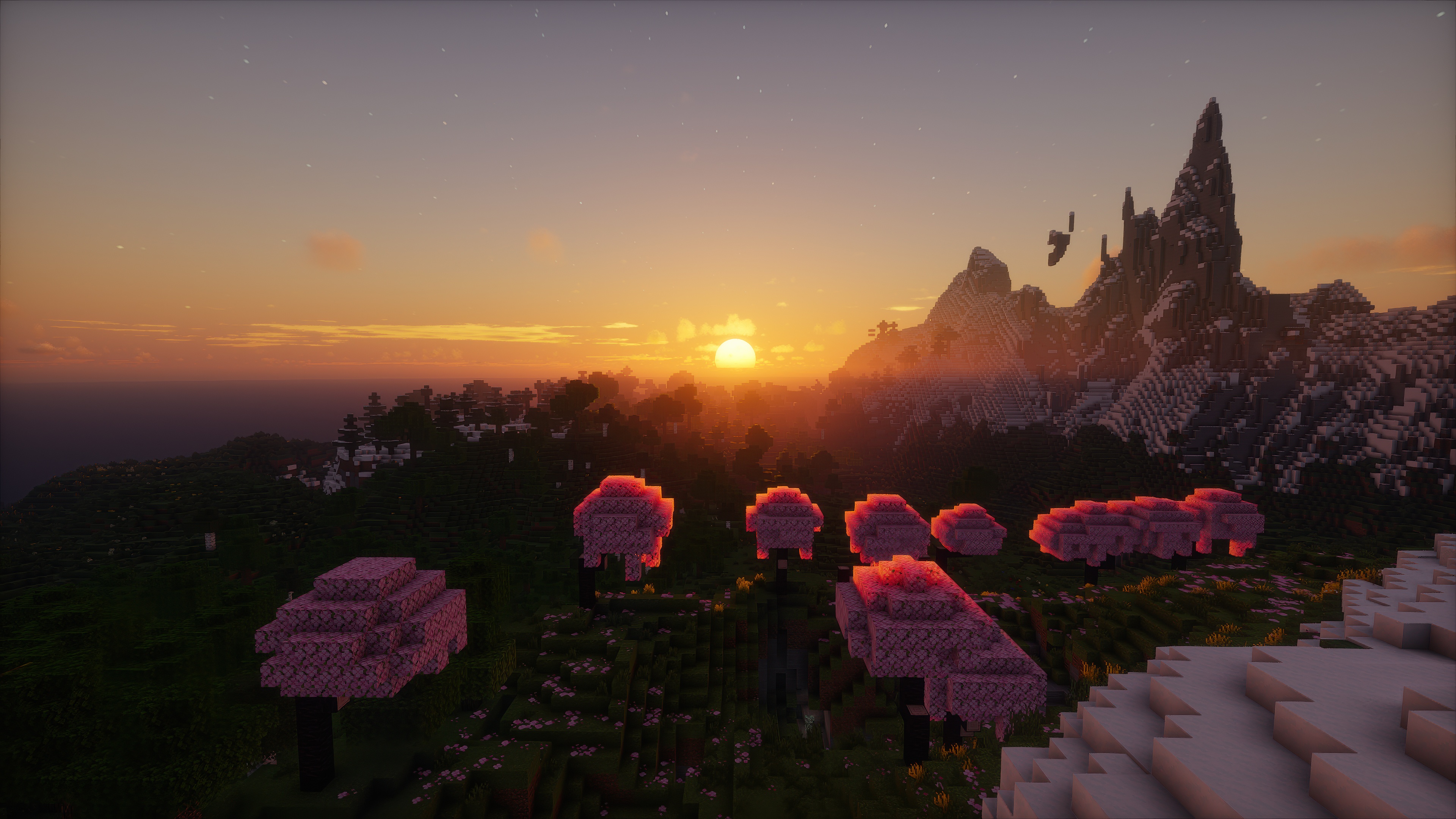 Minecraft sunset over a mountainous landscape with pink trees HD Wallpaper