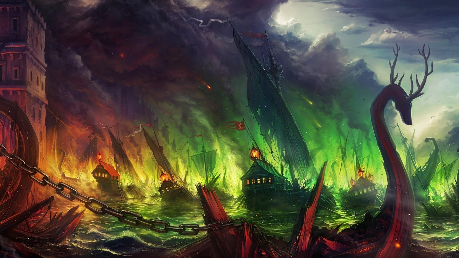 Fantasy naval battle with burning ships and a dragon ship HD Wallpaper
