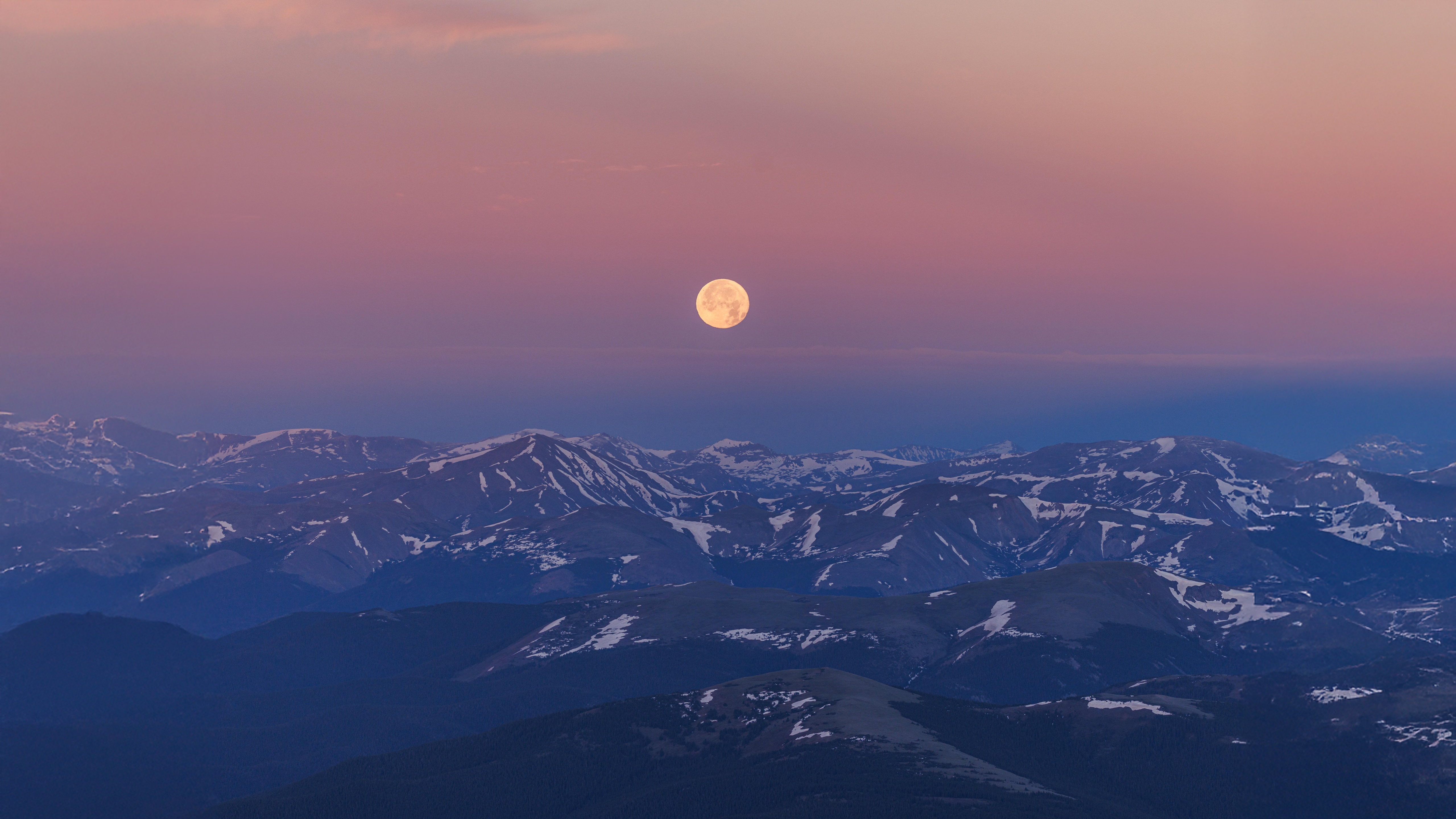 Full moon over snow-capped mountains at sunrise HD Wallpaper