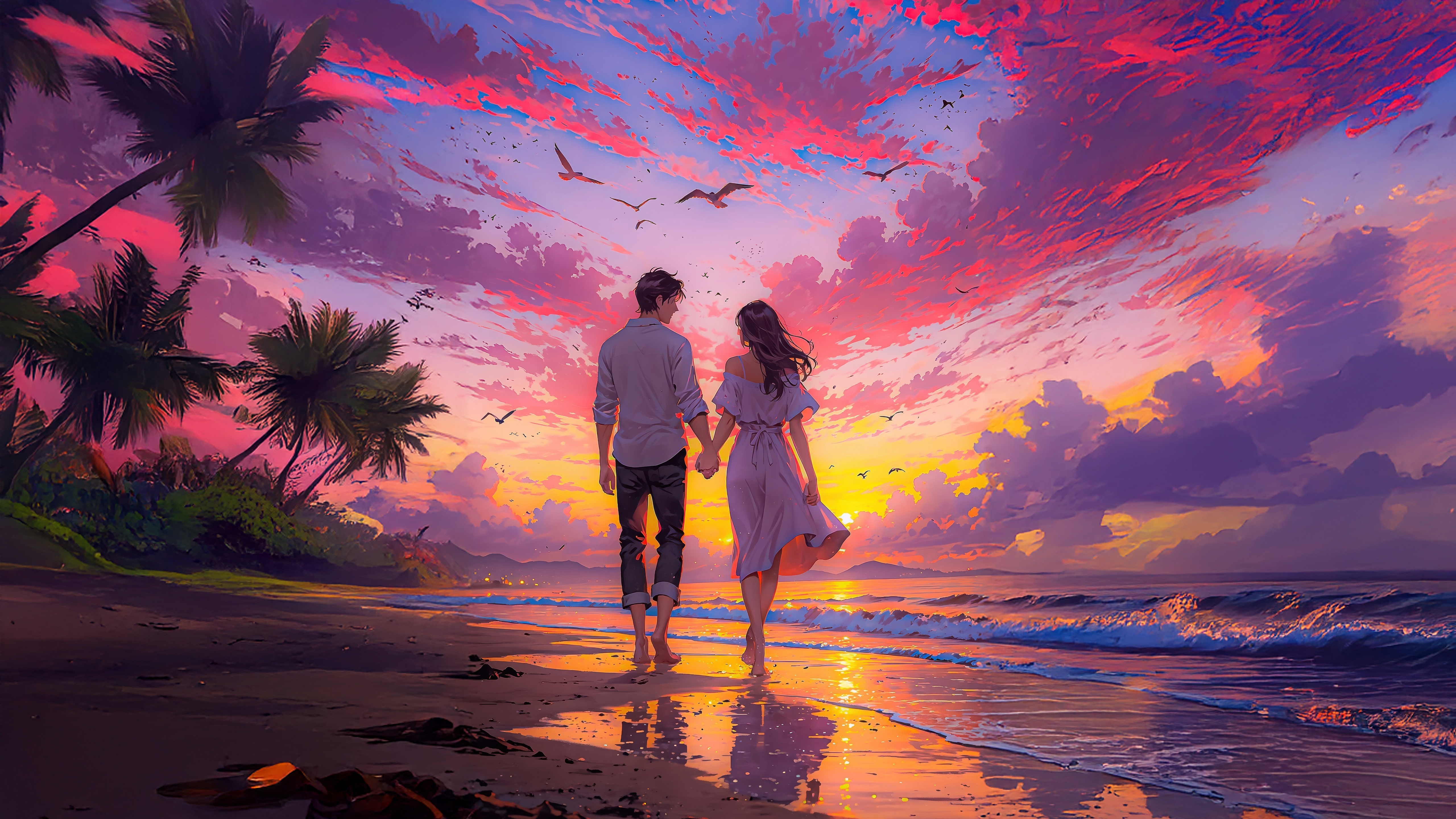 Couple walking on beach at sunset HD Wallpaper
