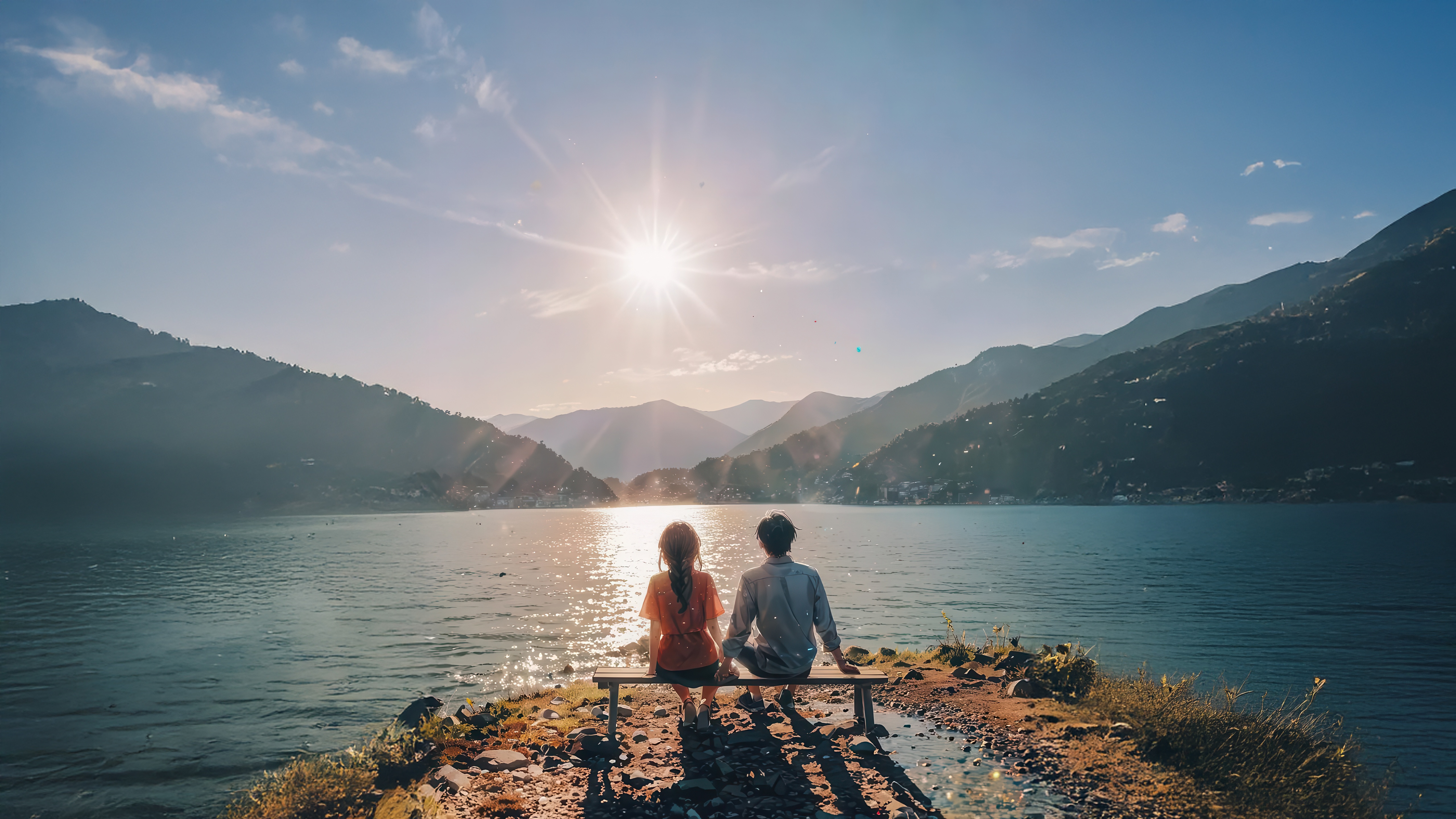 Couple sitting on a bench by a lake at sunset HD Wallpaper