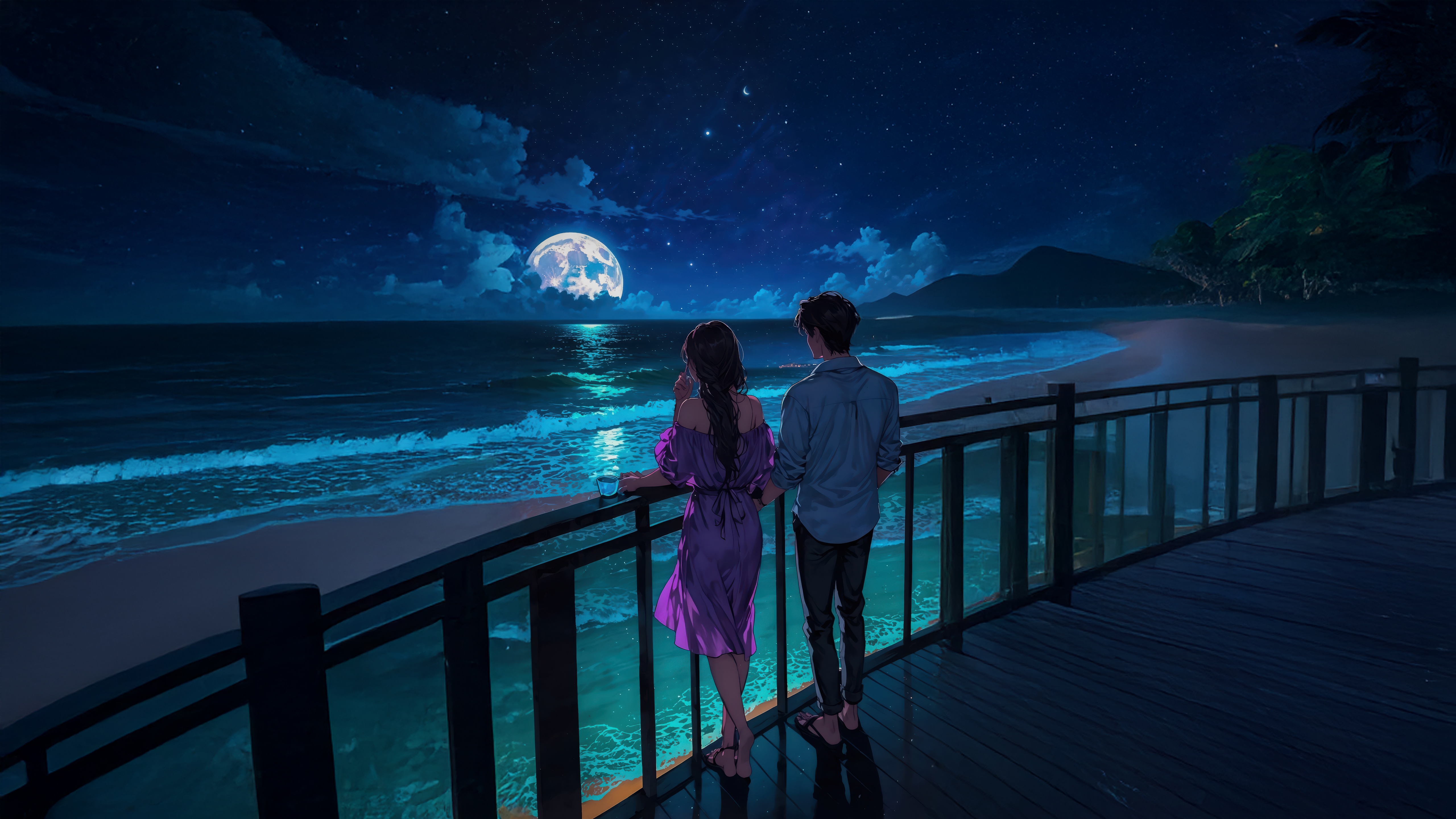 Couple watching the moonlit ocean at night HD Wallpaper