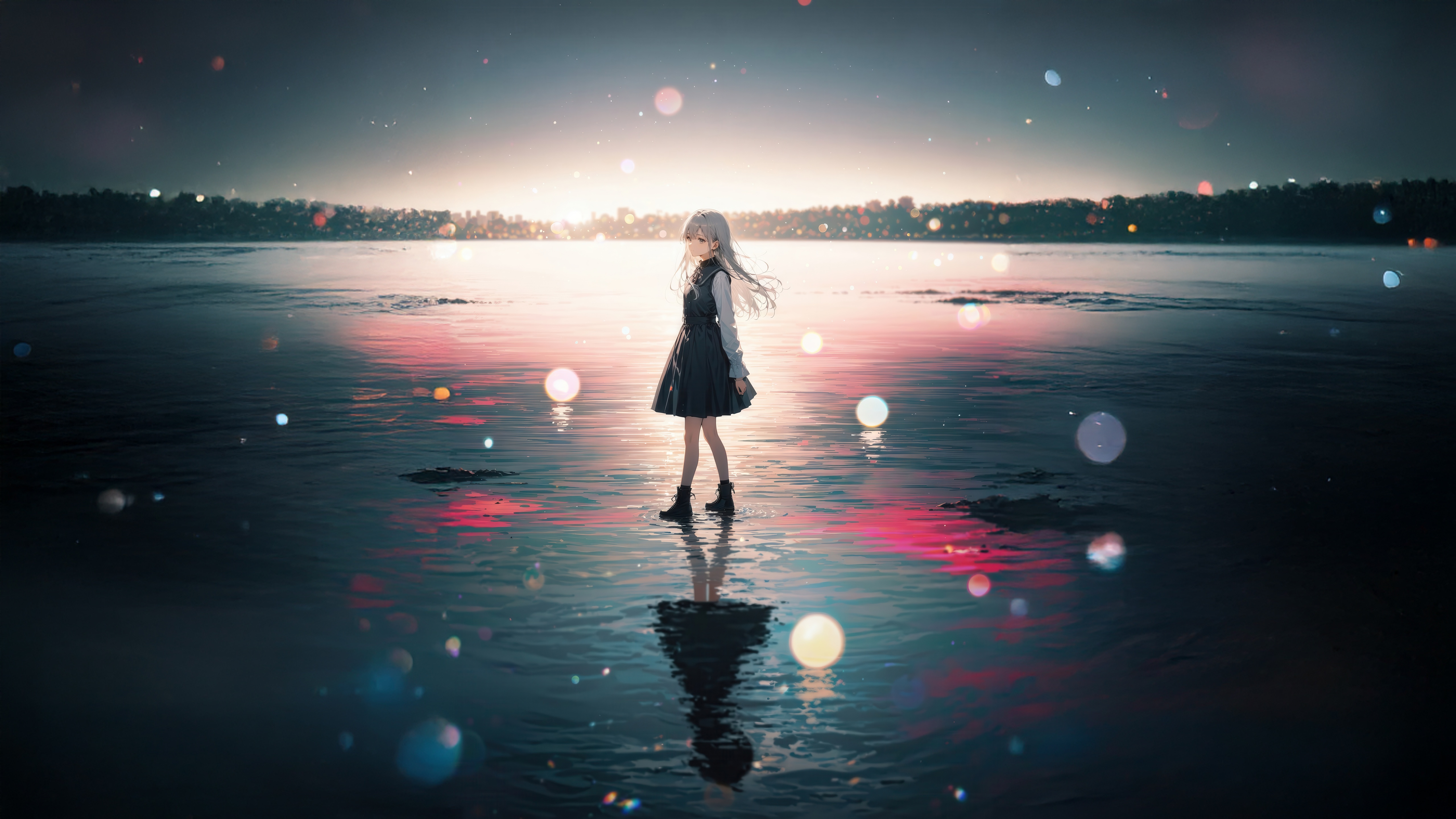 Anime Girl Standing in Water at Twilight HD Wallpaper