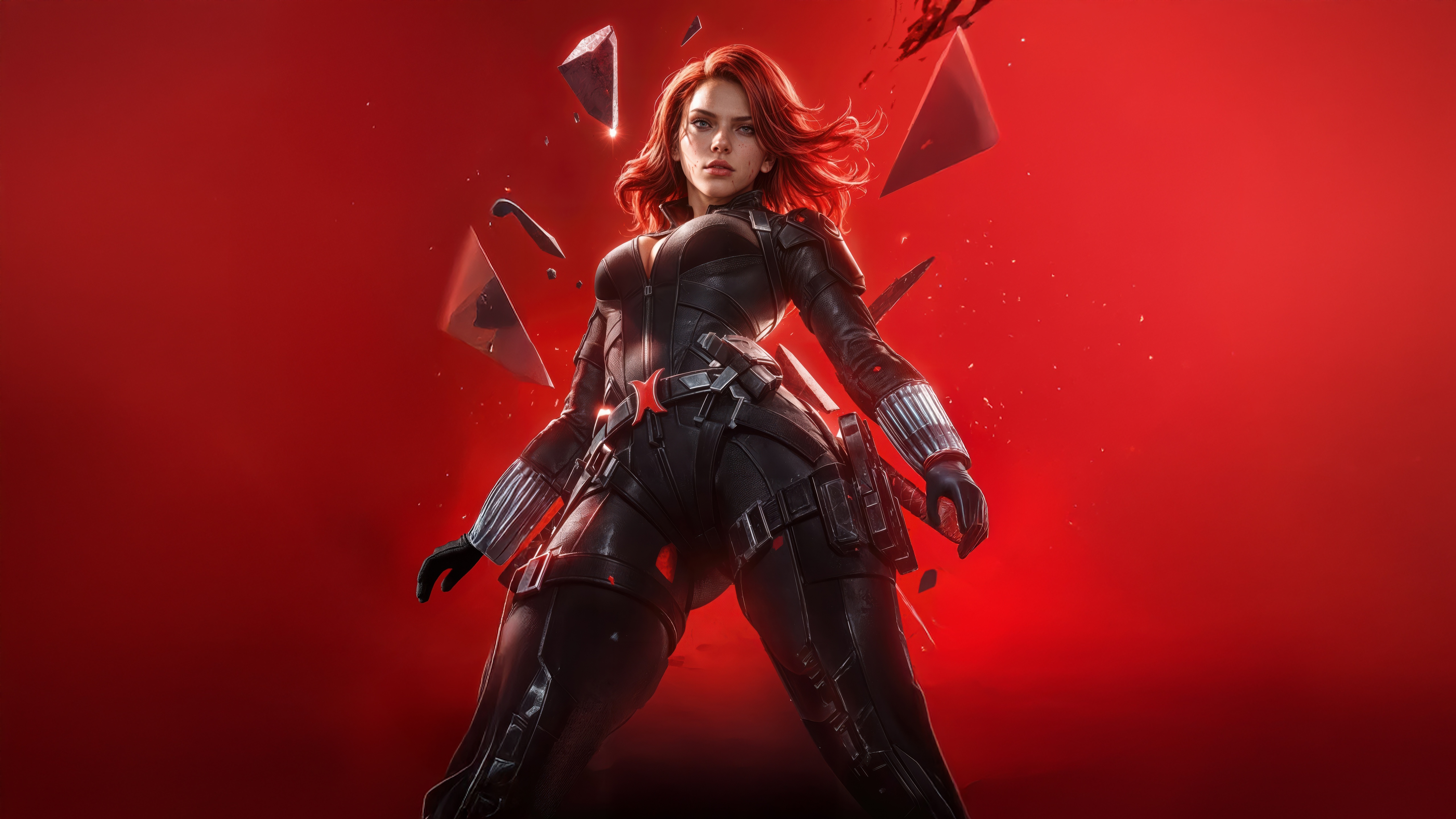 Black Widow in a black suit with red background HD Wallpaper