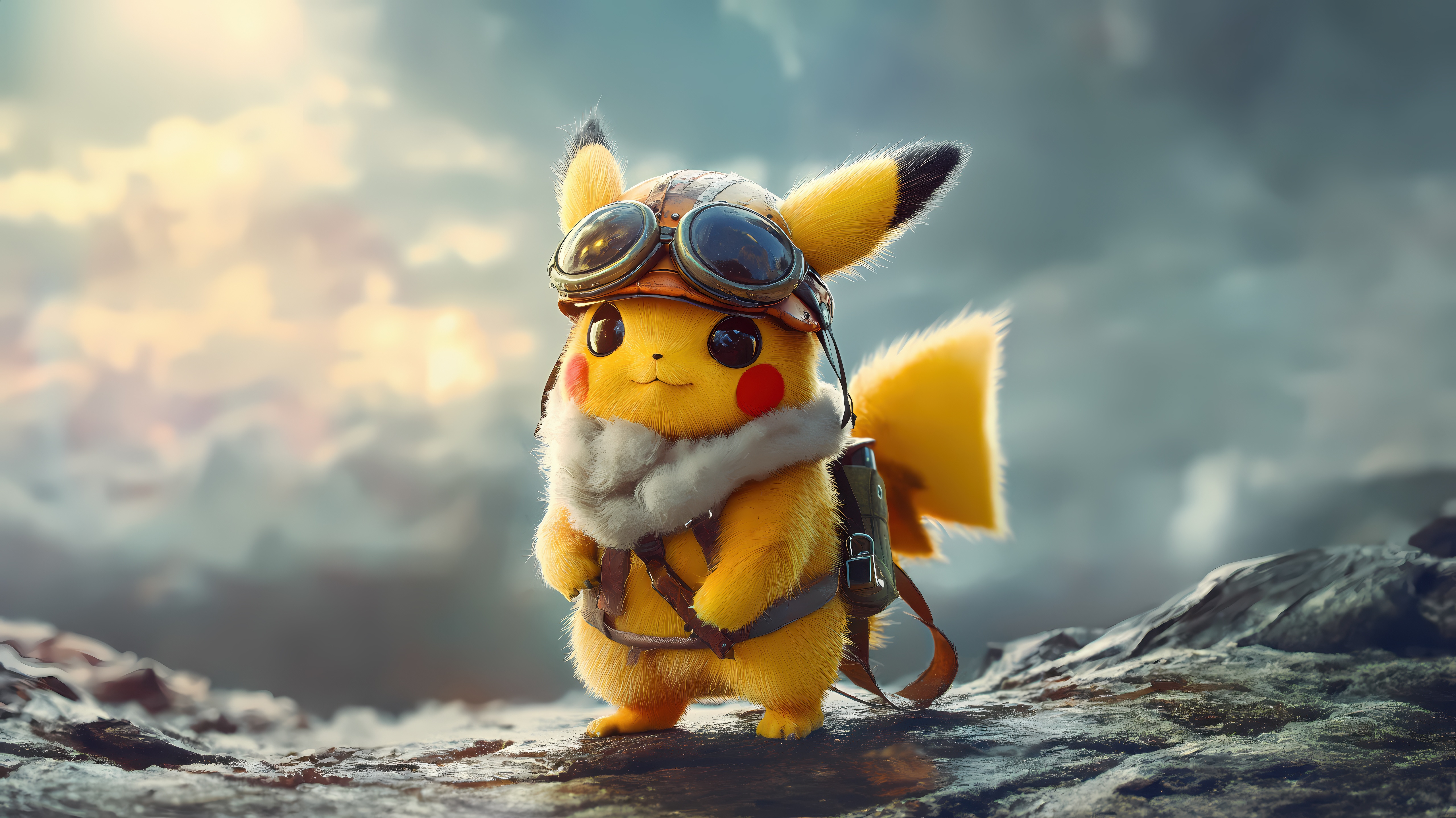 Pikachu in pilot gear on rocky terrain HD Wallpaper