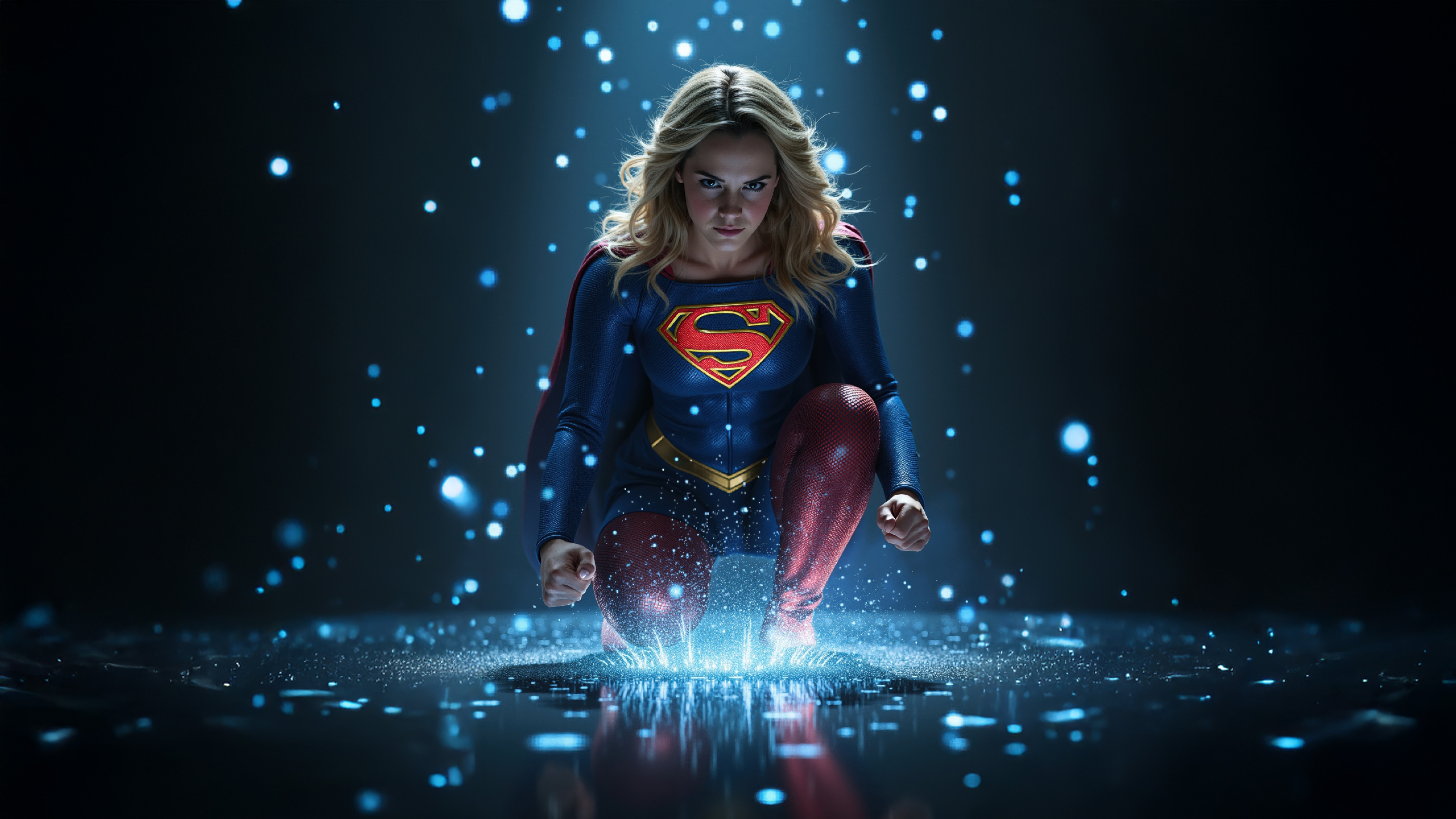Supergirl kneeling with blue energy HD Wallpaper