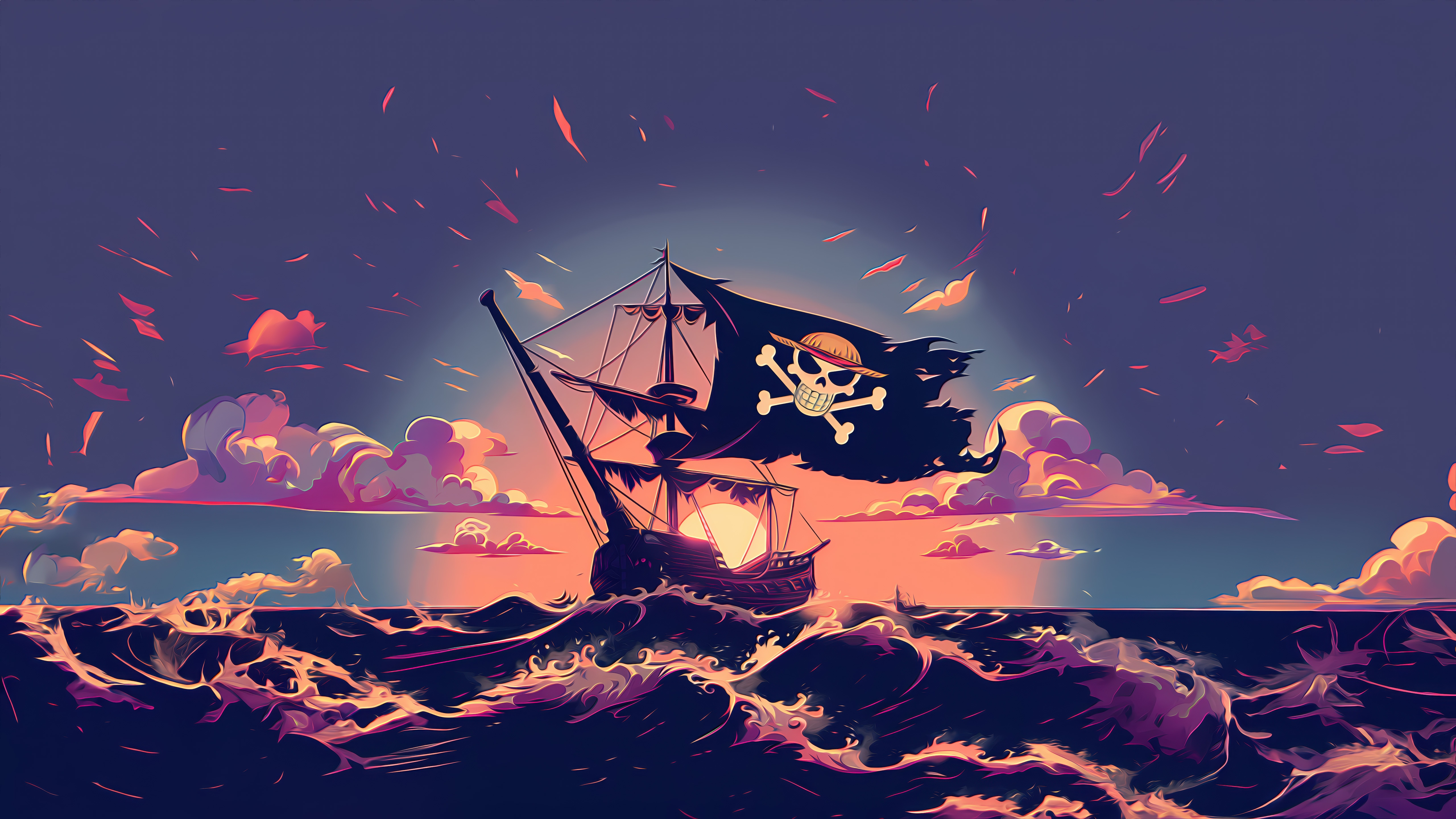 Luffy's Pirate Ship Sailing at Sunset HD Wallpaper