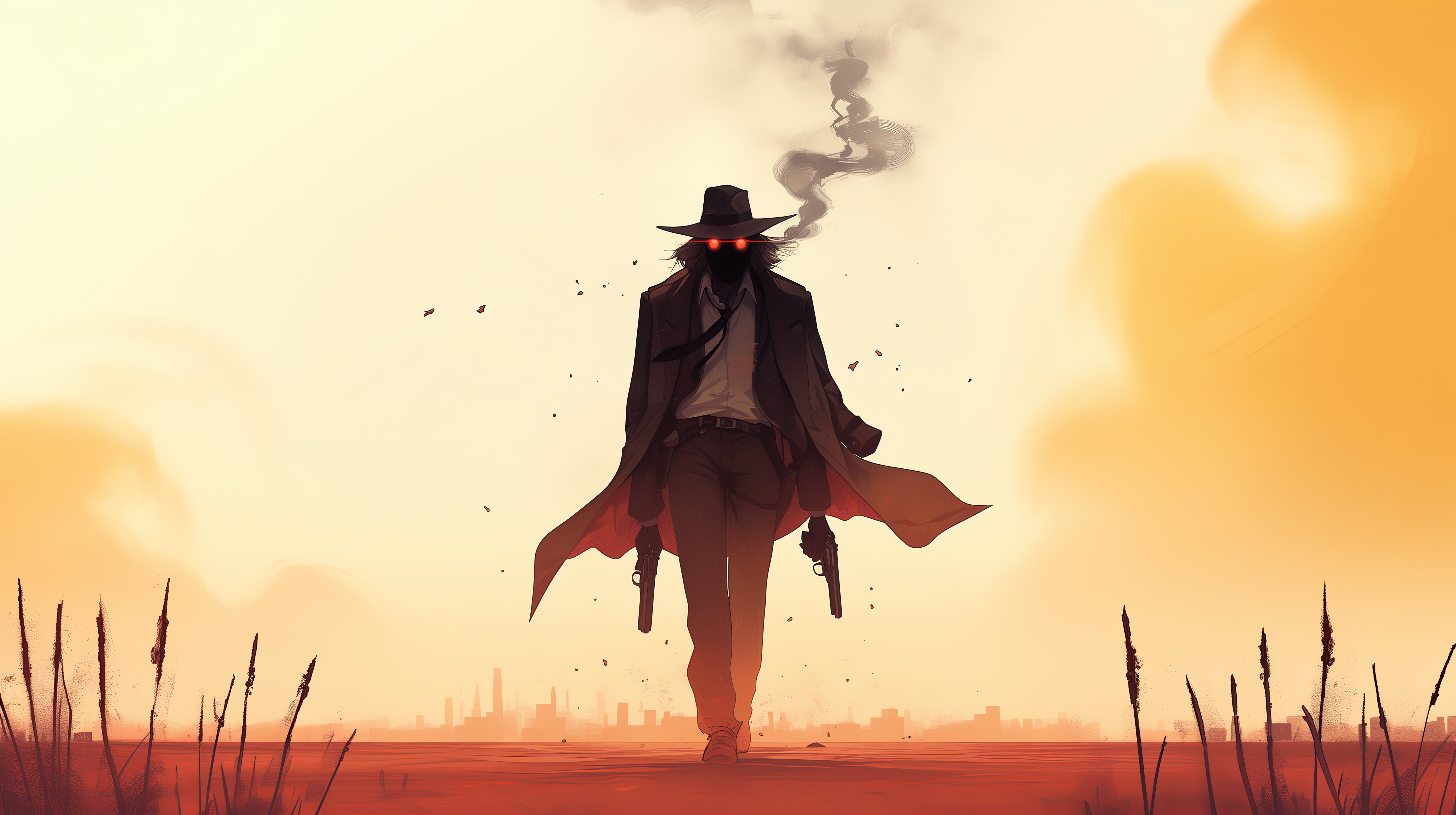 Gunslinger with glowing eyes and pistols in a desert HD Wallpaper