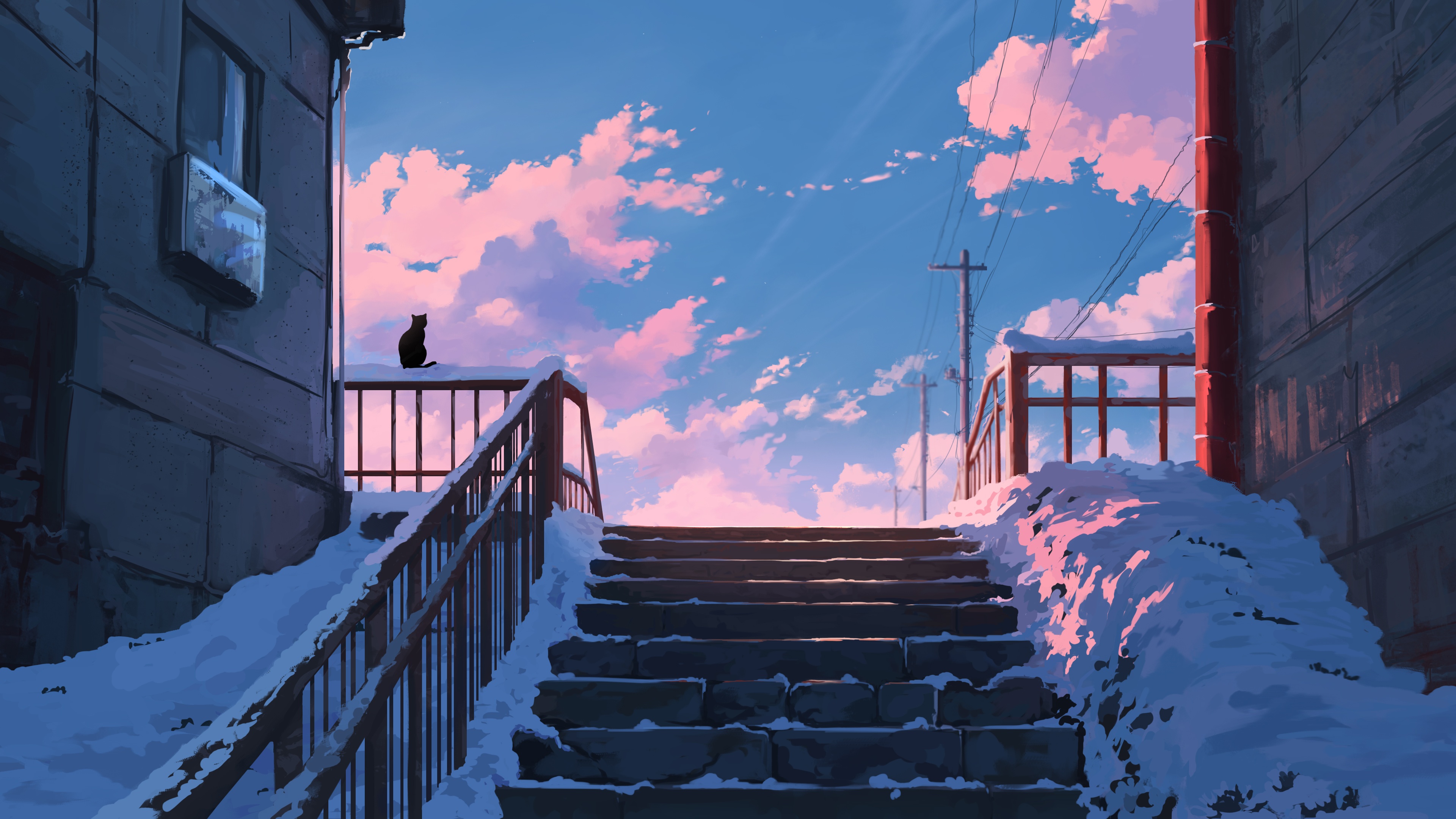 A black cat sits on a snowy railing under a pink and blue sky. HD Wallpaper