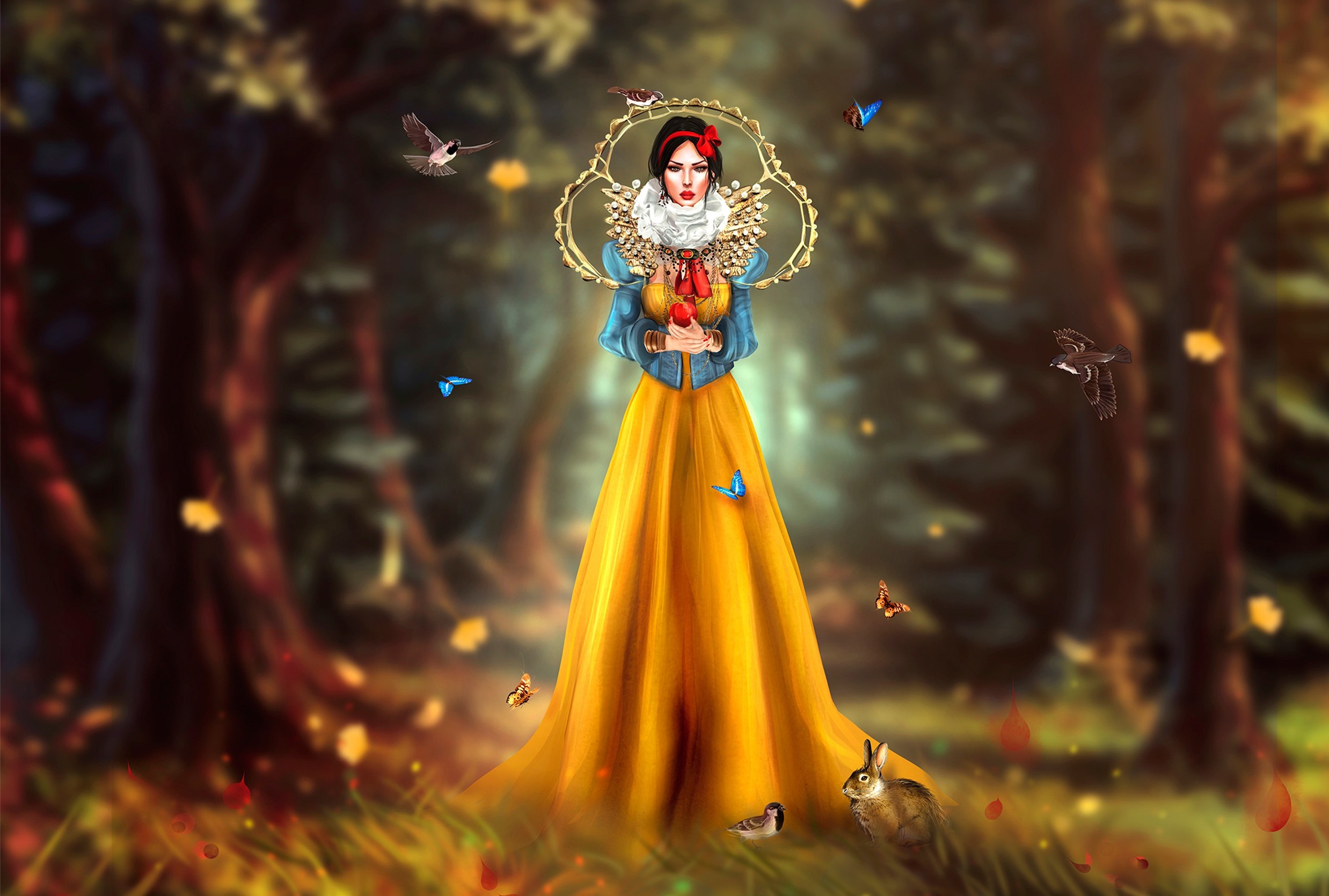 Snow White holding an apple in a forest with birds and butterflies HD Wallpaper