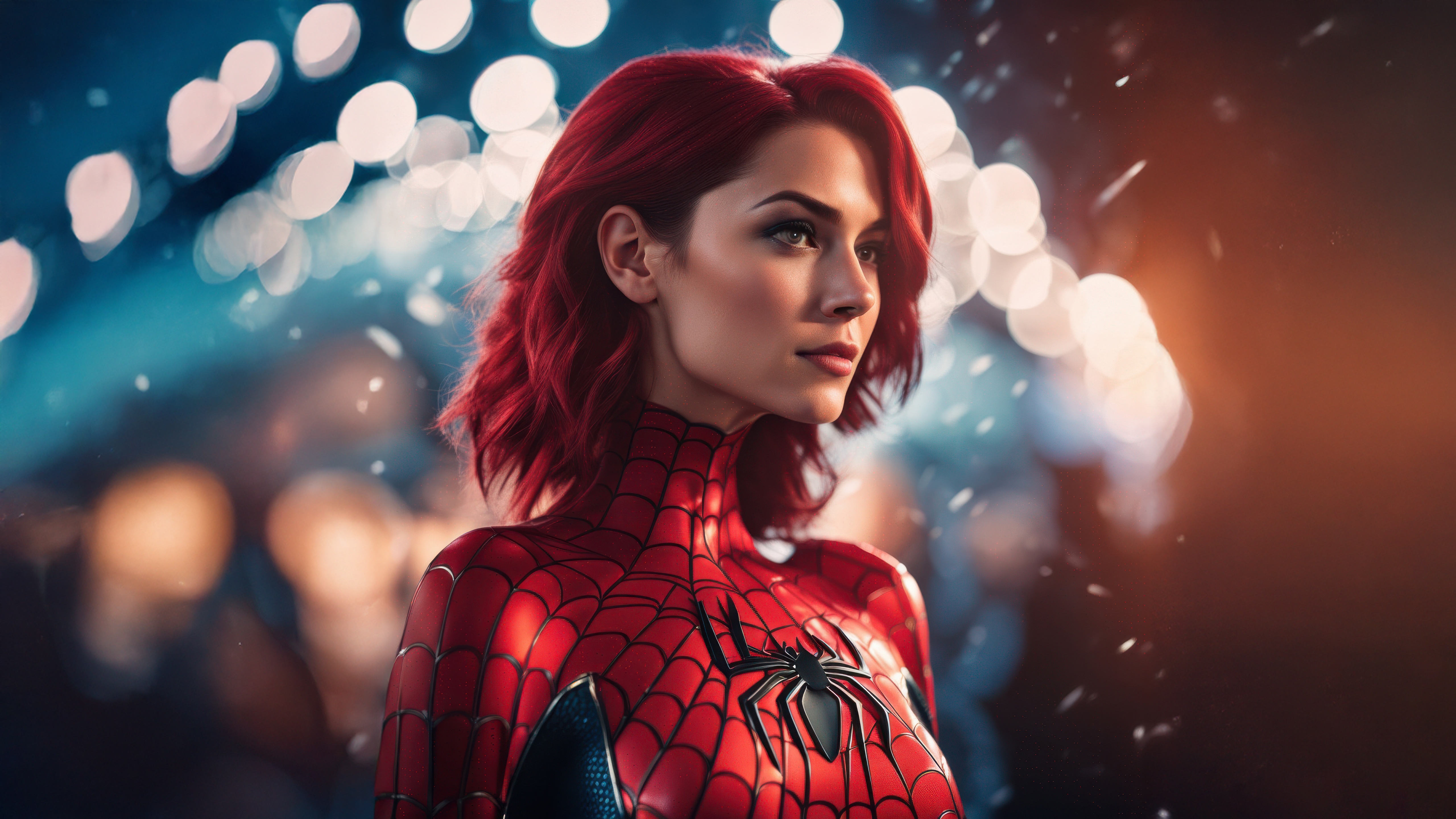 Spiderwoman with red hair in a city at night HD Wallpaper