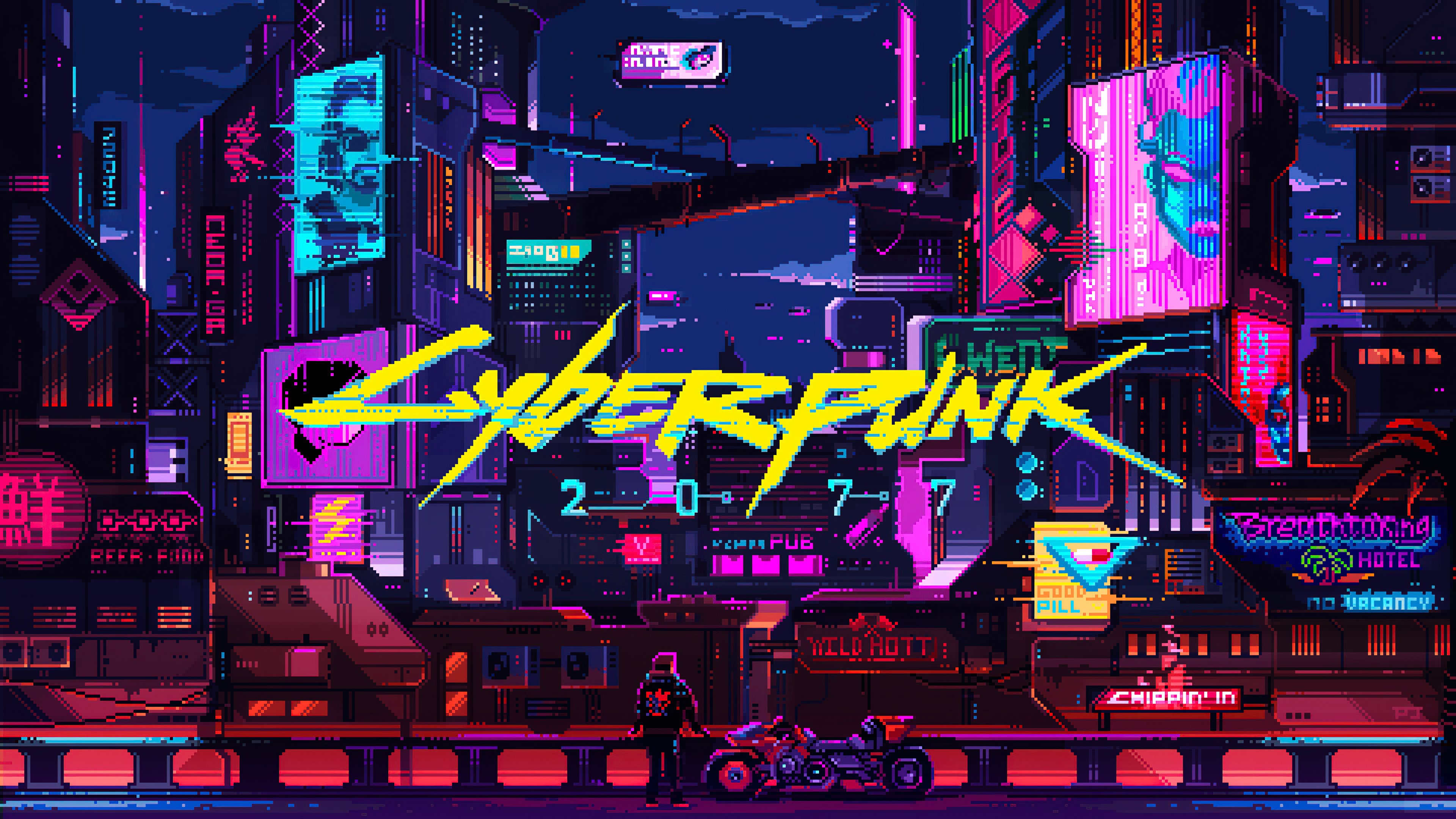 Cyberpunk 2077 pixel art cityscape HD Wallpaper