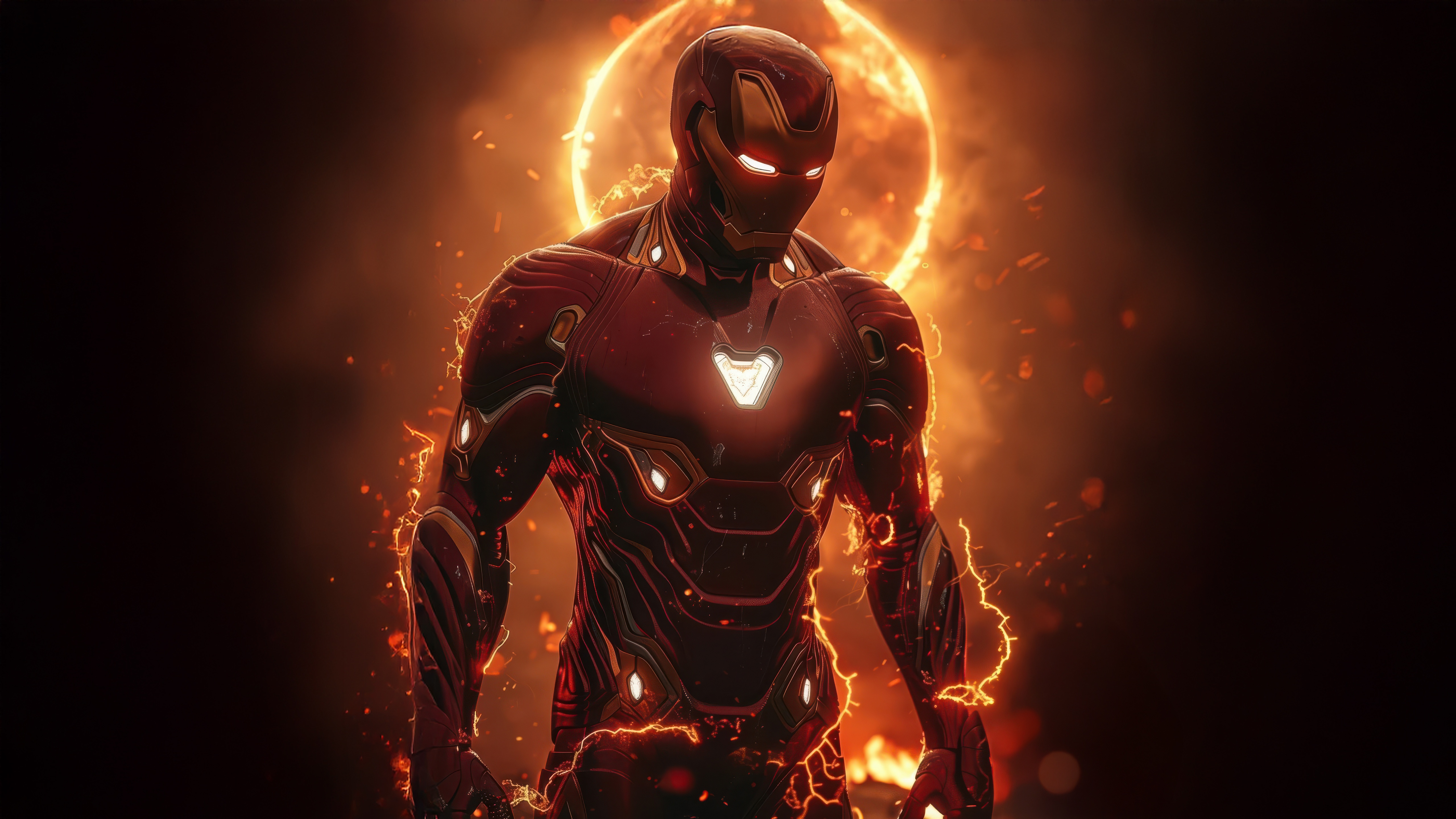Iron Man in fiery armor with glowing eyes HD Wallpaper