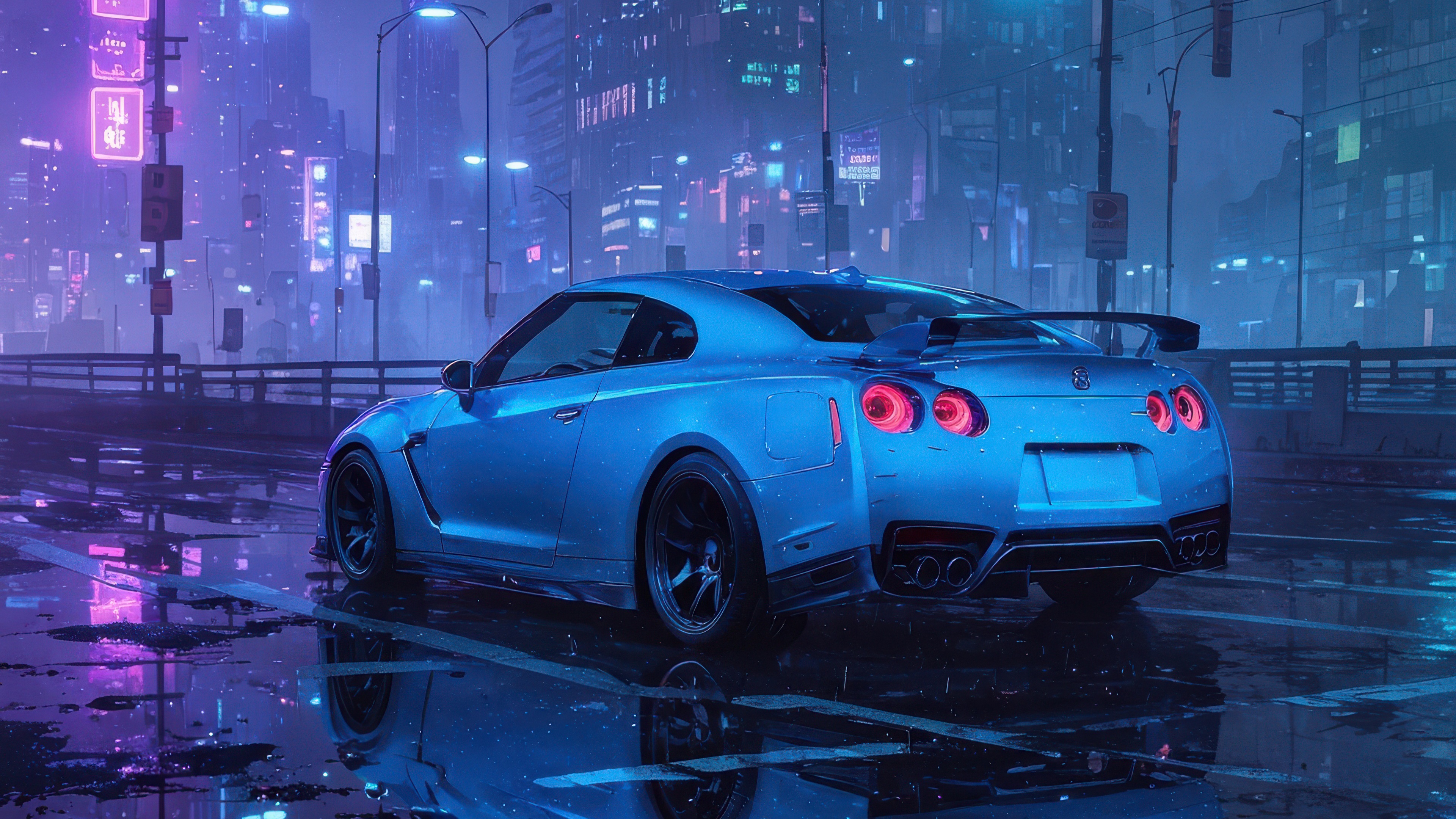 Blue Nissan GTR on wet city streets at night HD Wallpaper