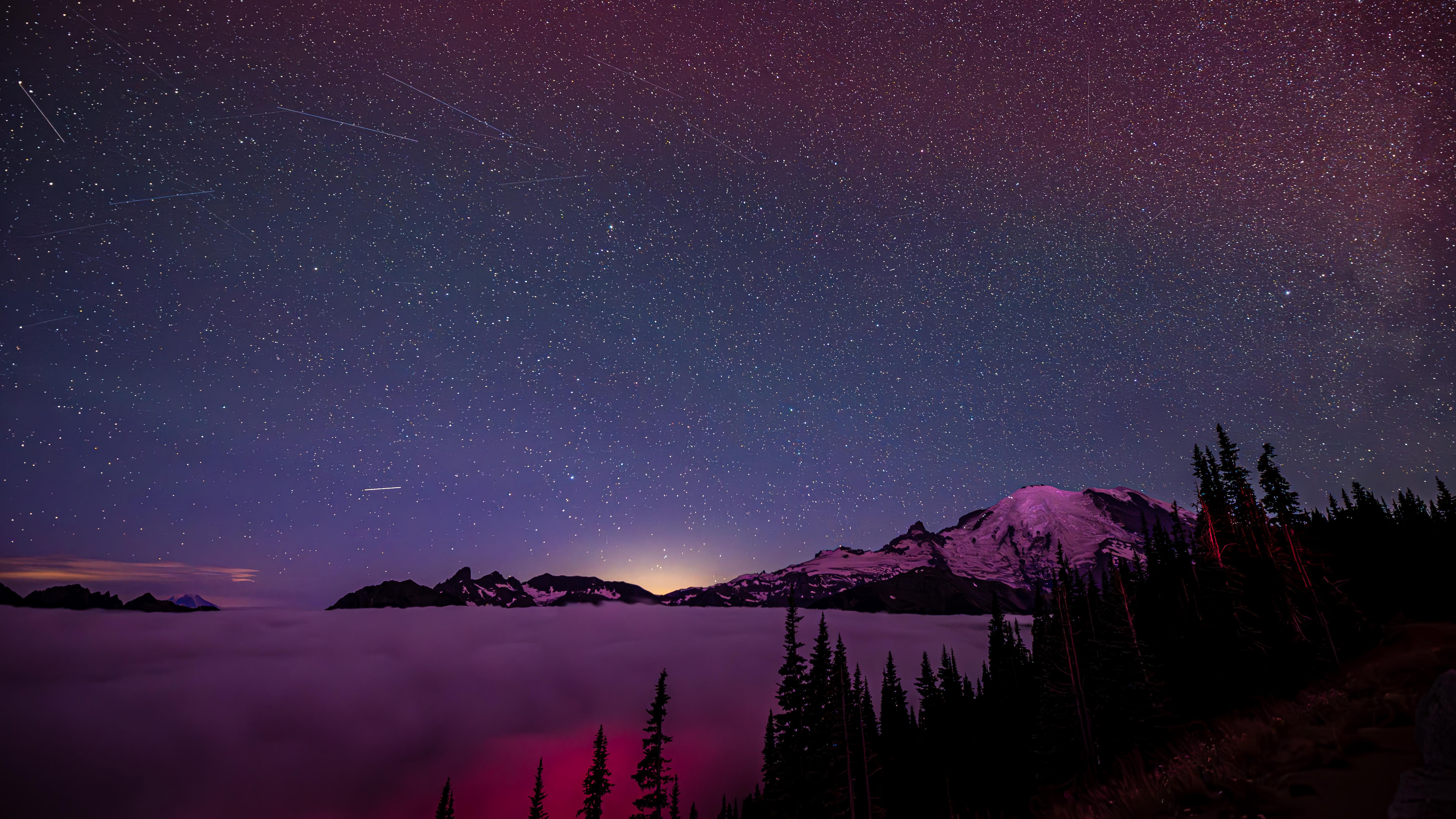 Meteor Shower Over Mountains Above Clouds HD Wallpaper